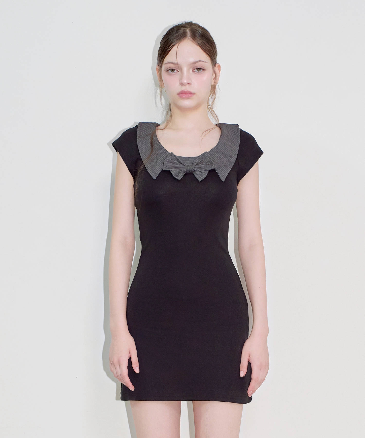Layered Collar Ribbon Mini Dress (Black)