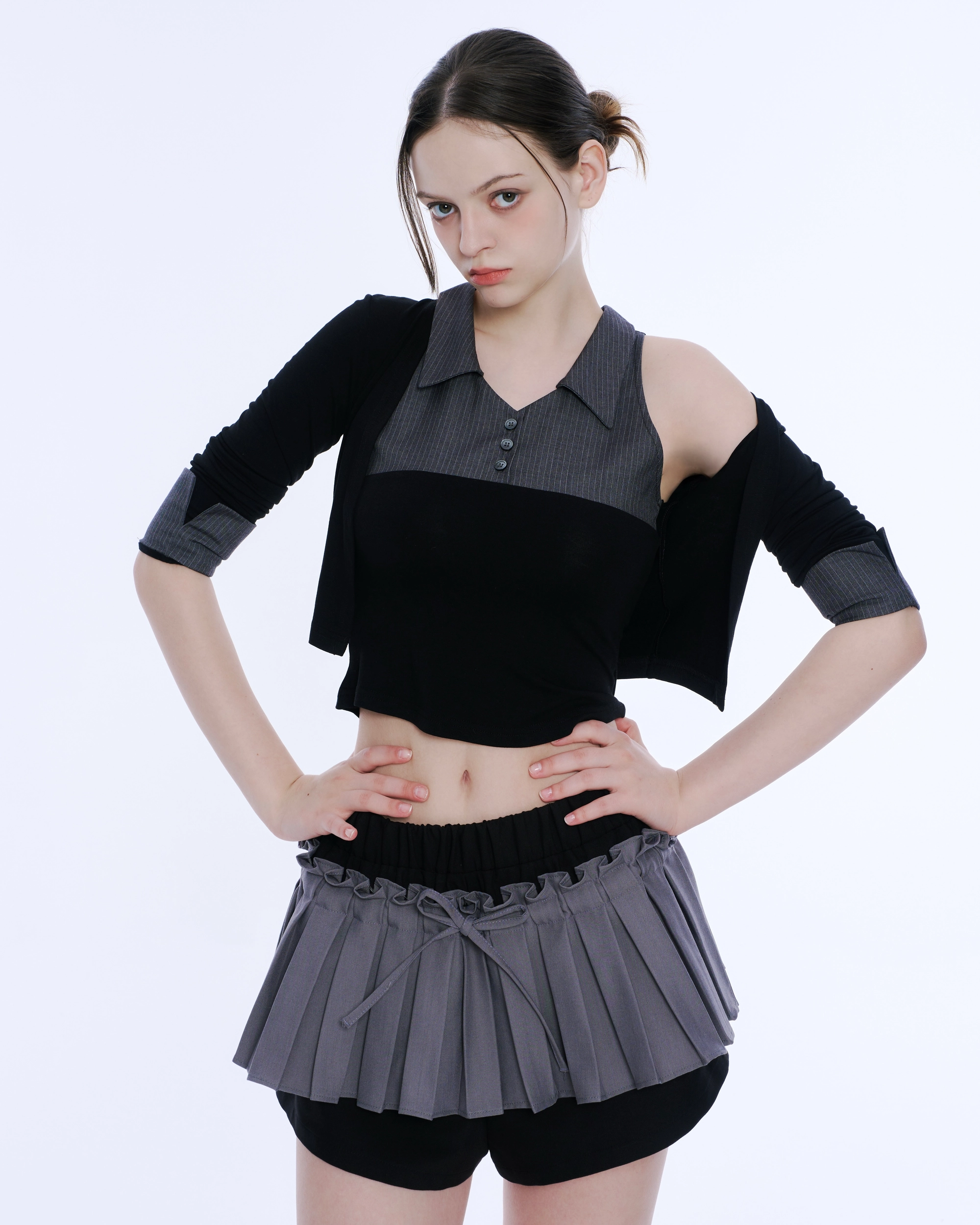 Frill Pleated Skirt Pants (Grey&Black)