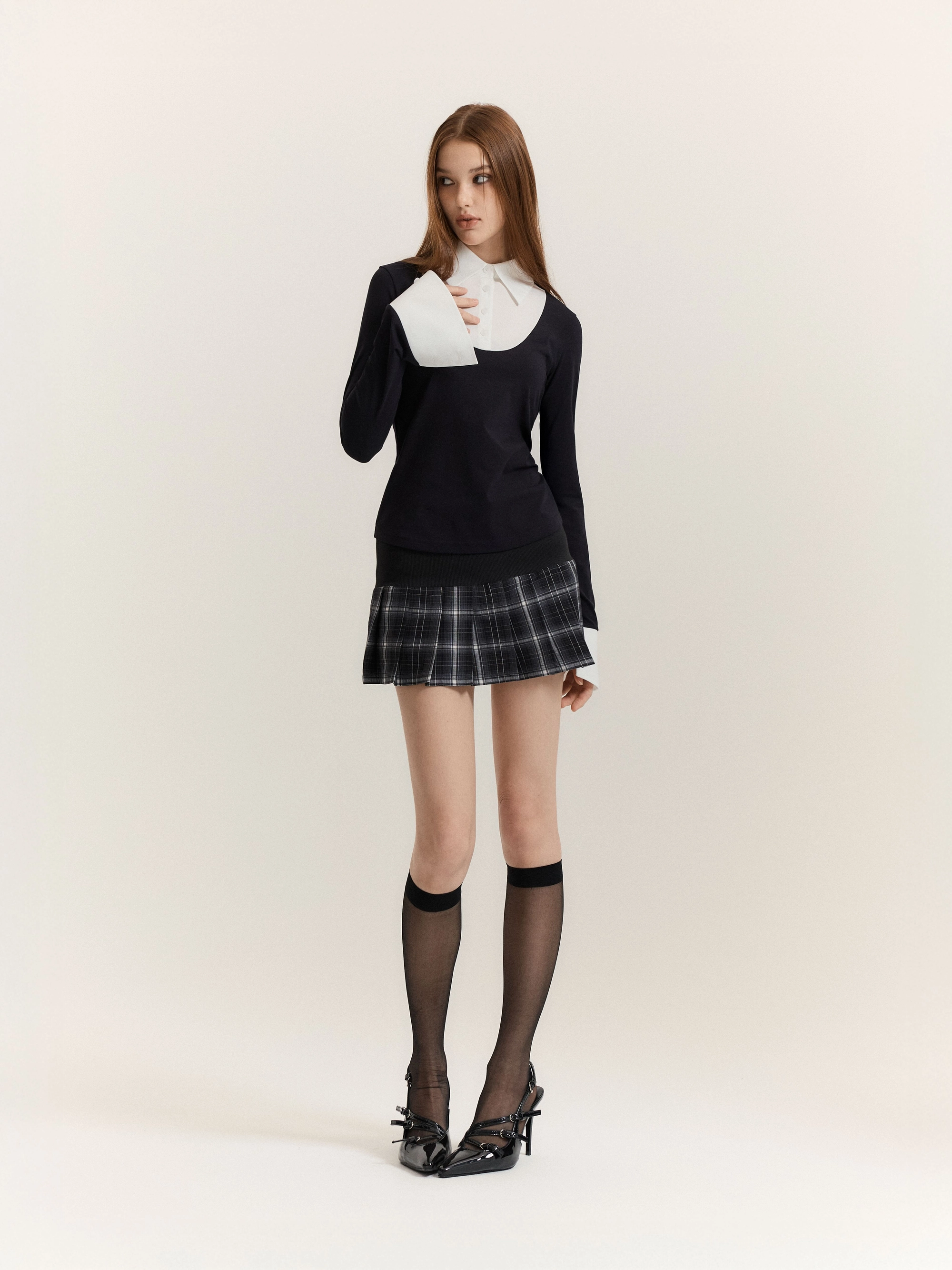 Classic Shirt-Layered Top (Black + White)