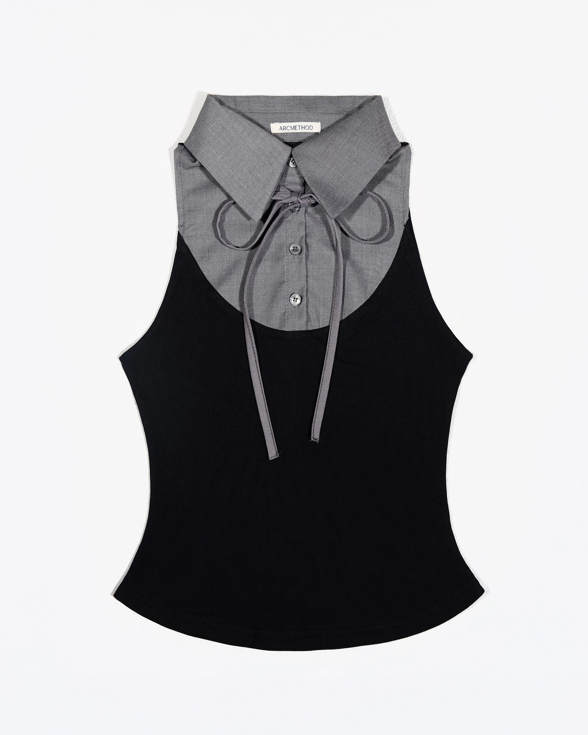 Layered Ribbon Collar Sleeveless Tee (Grey)
