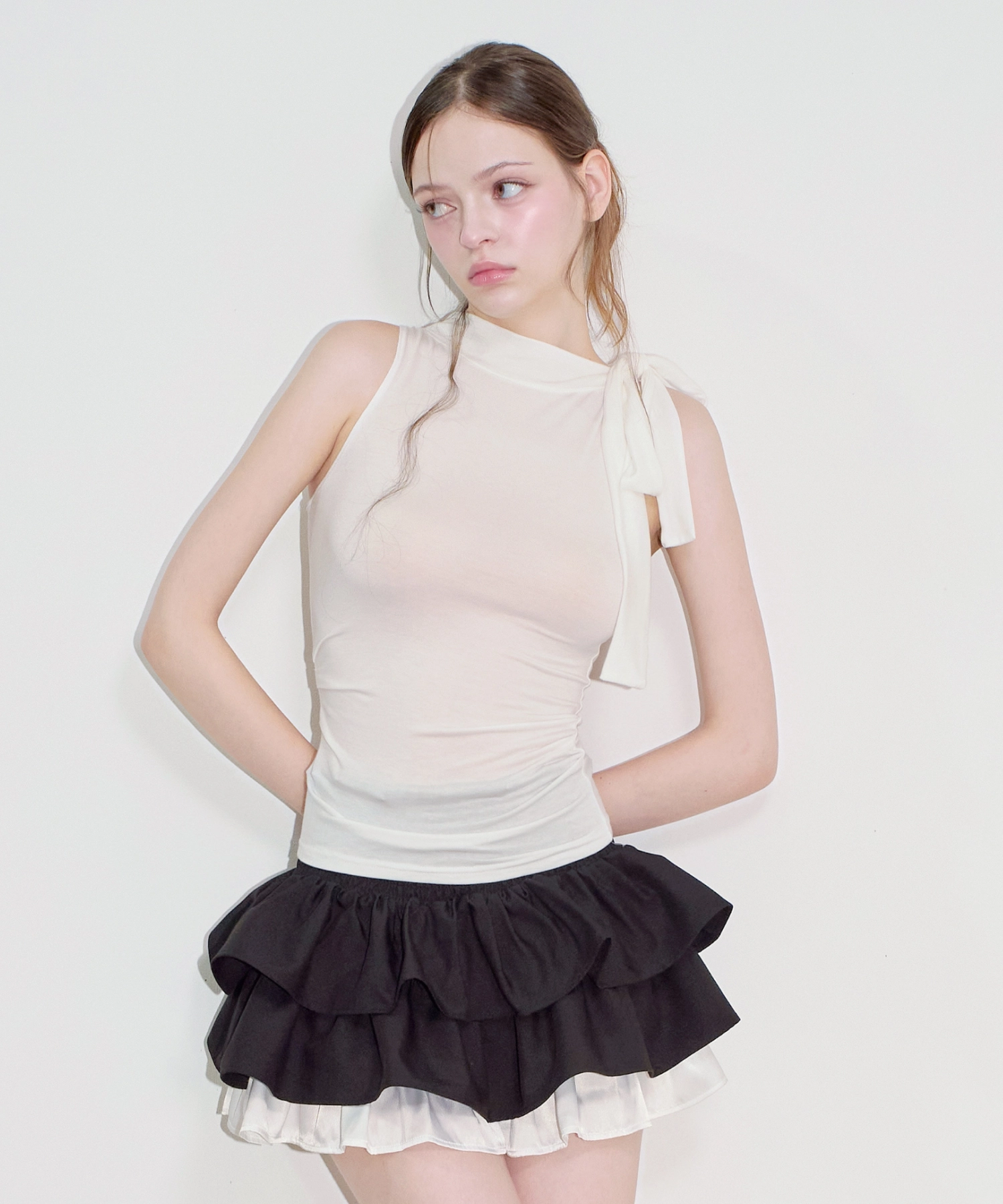 Layered Ruffle Smocked Waist Mini Skirt (black)