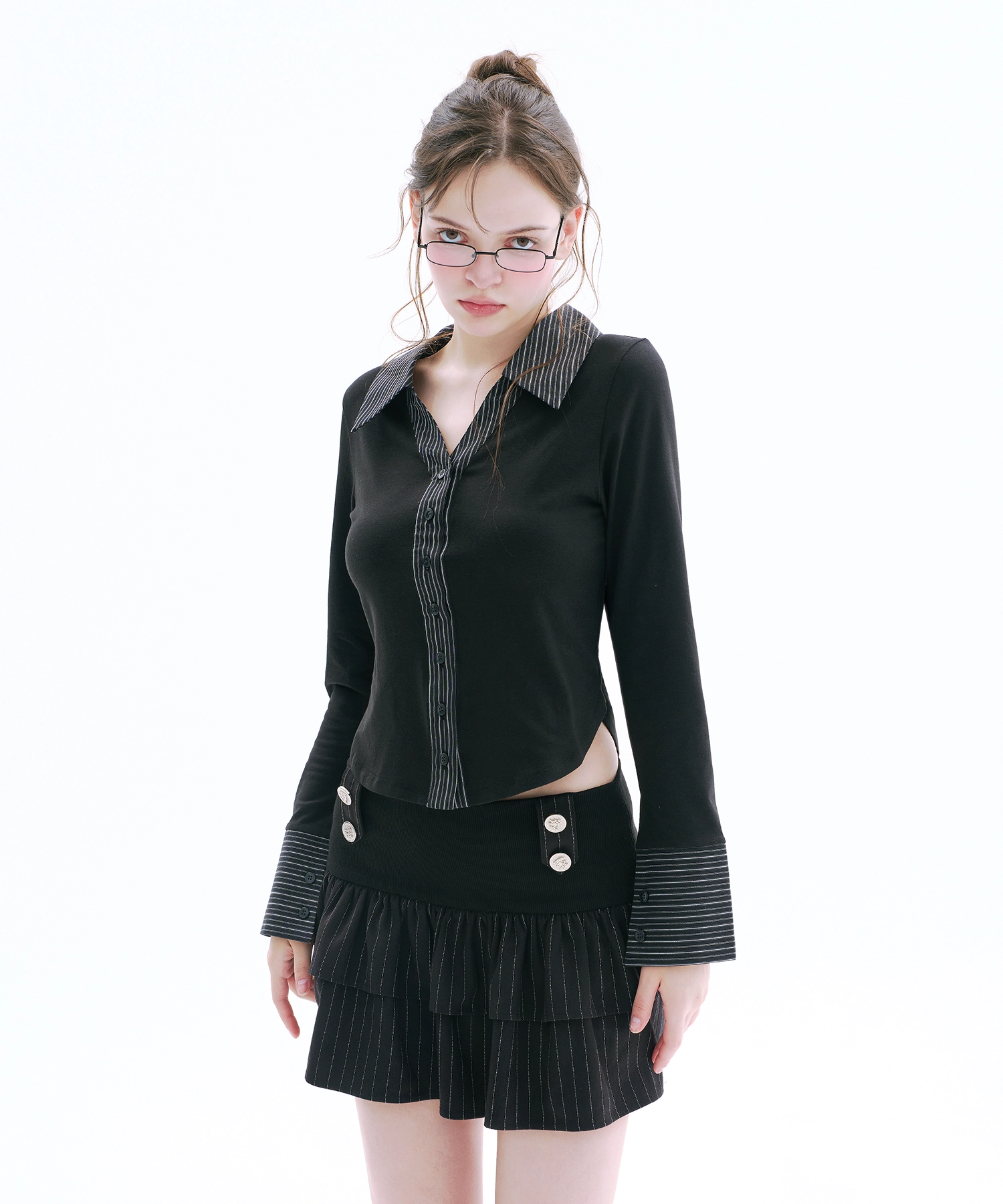 Shirt Layered Cardigan (Black)