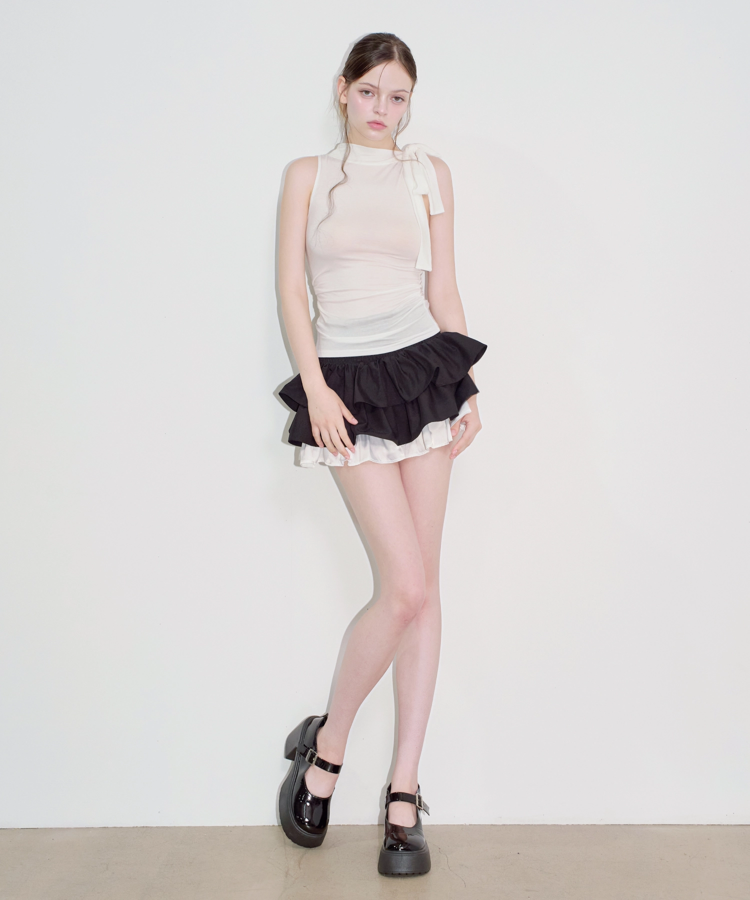 Shirred Scarf Tie Sleeveless Top (White)