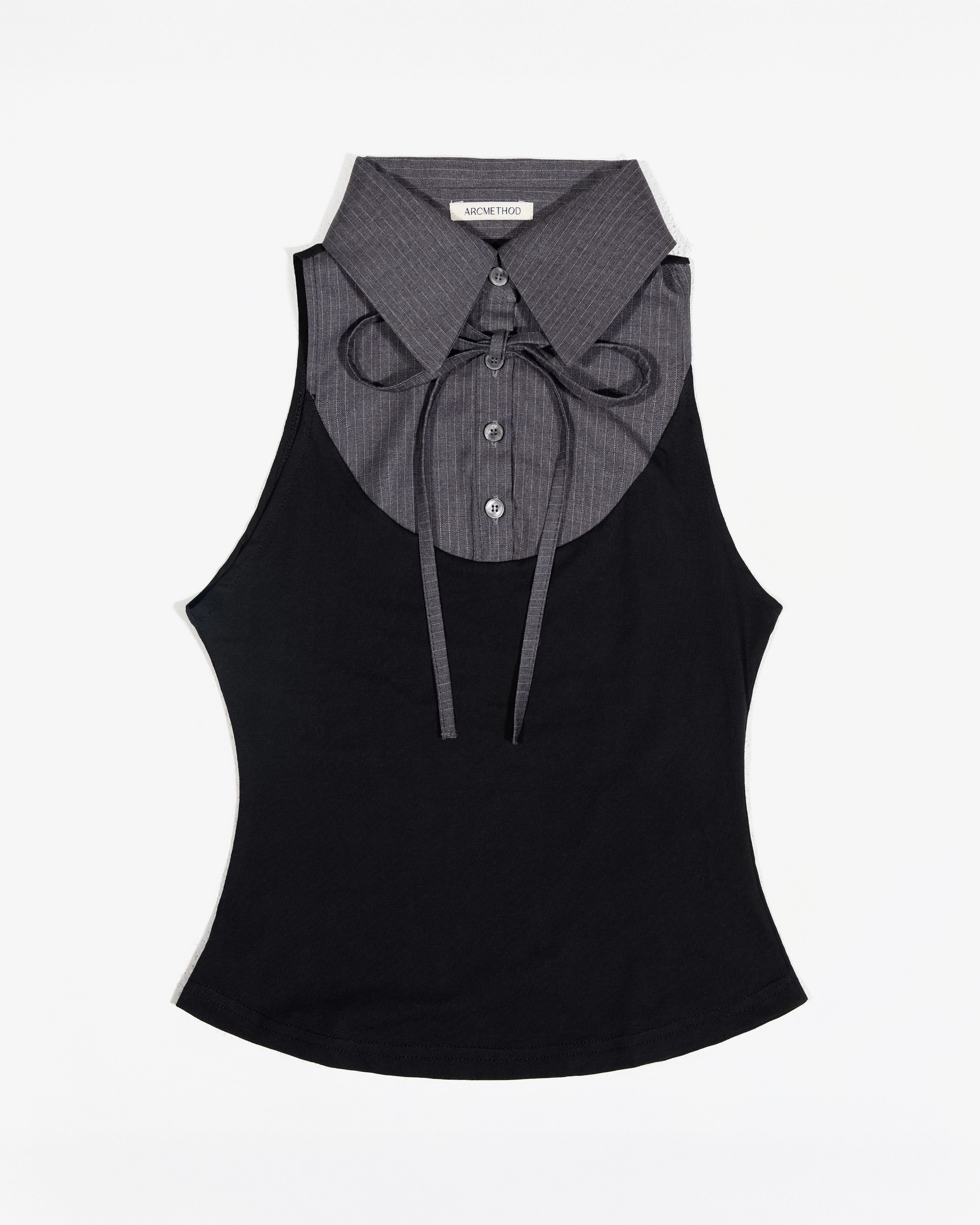 Layered Ribbon Collar Sleeveless Tee (Grey Stripe)