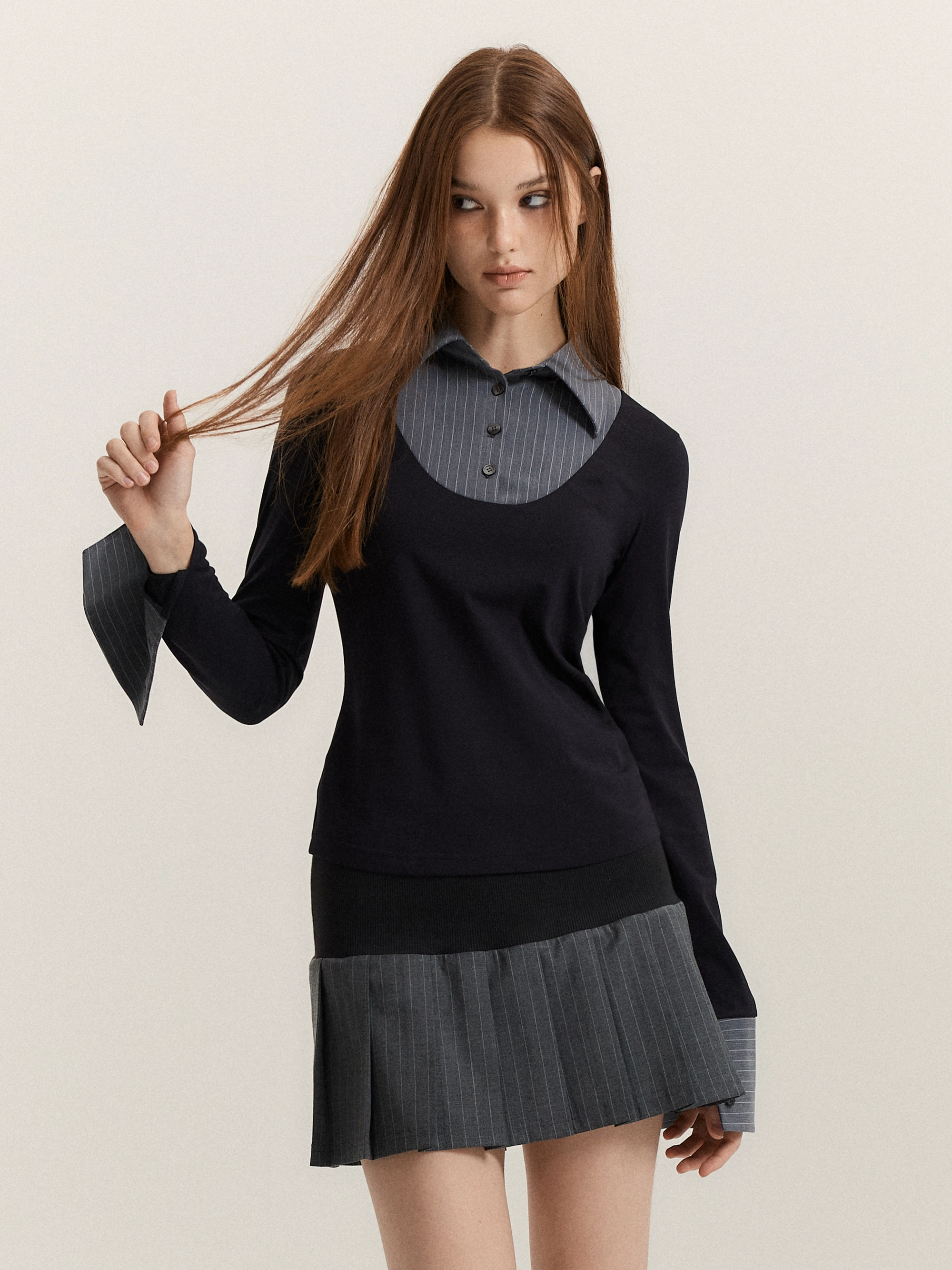 ARCMETHOD（アークメソッド）の「Mono Shirt-Layered Top (Black + Grey Stripe)（Tops）」