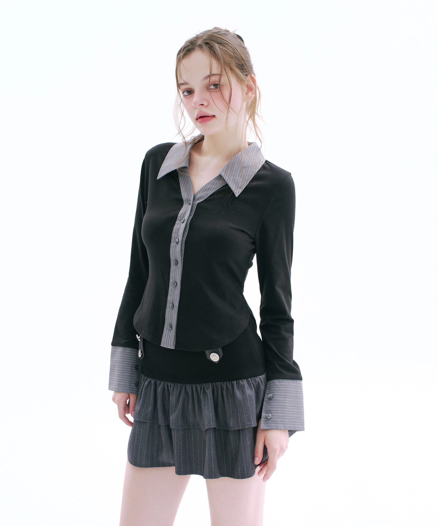 Shirt Layered Cardigan (Gray)