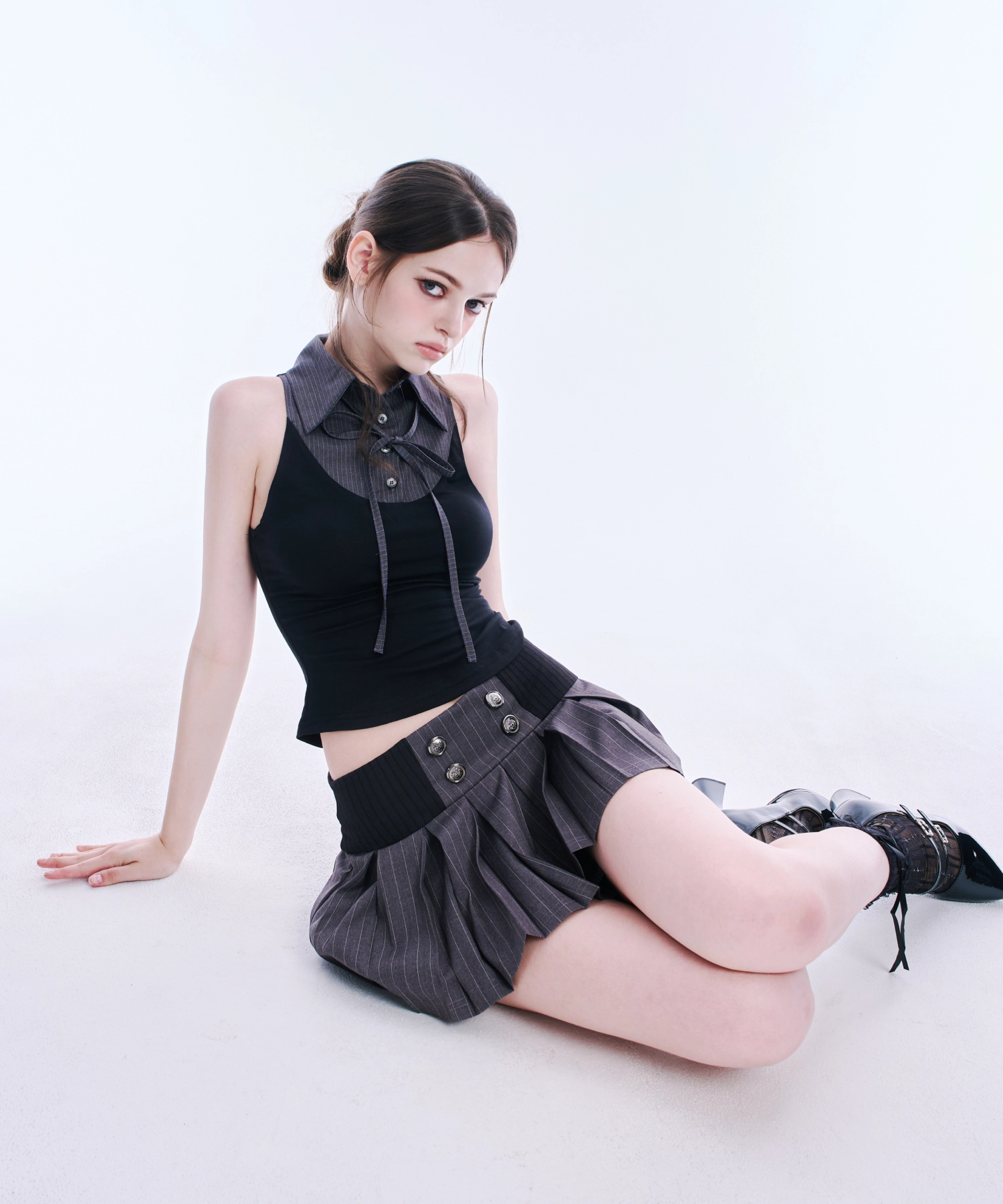 Layered Ribbon Collar Sleeveless Tee (Grey Stripe)