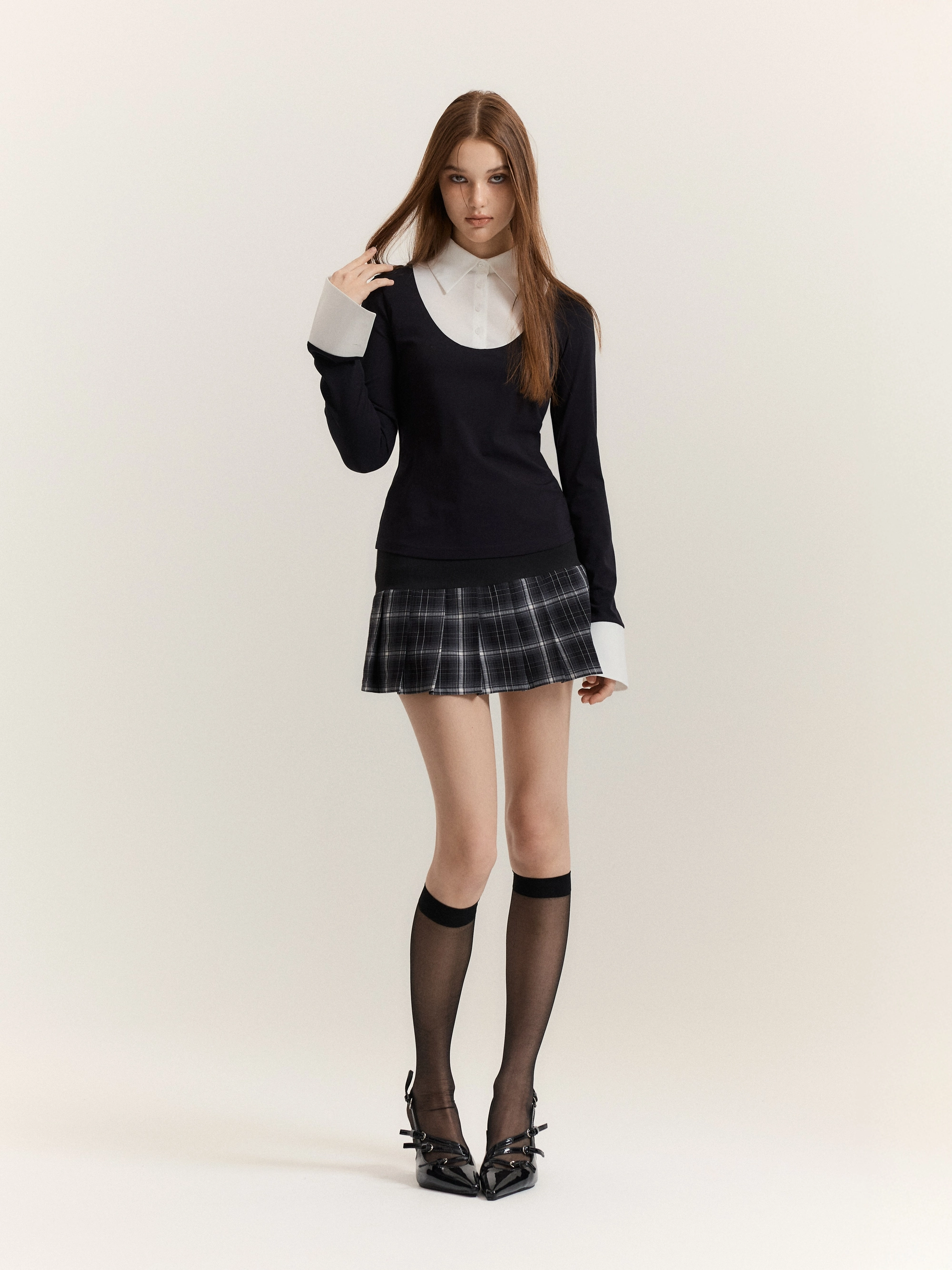 Classic Shirt-Layered Top (Black + White)