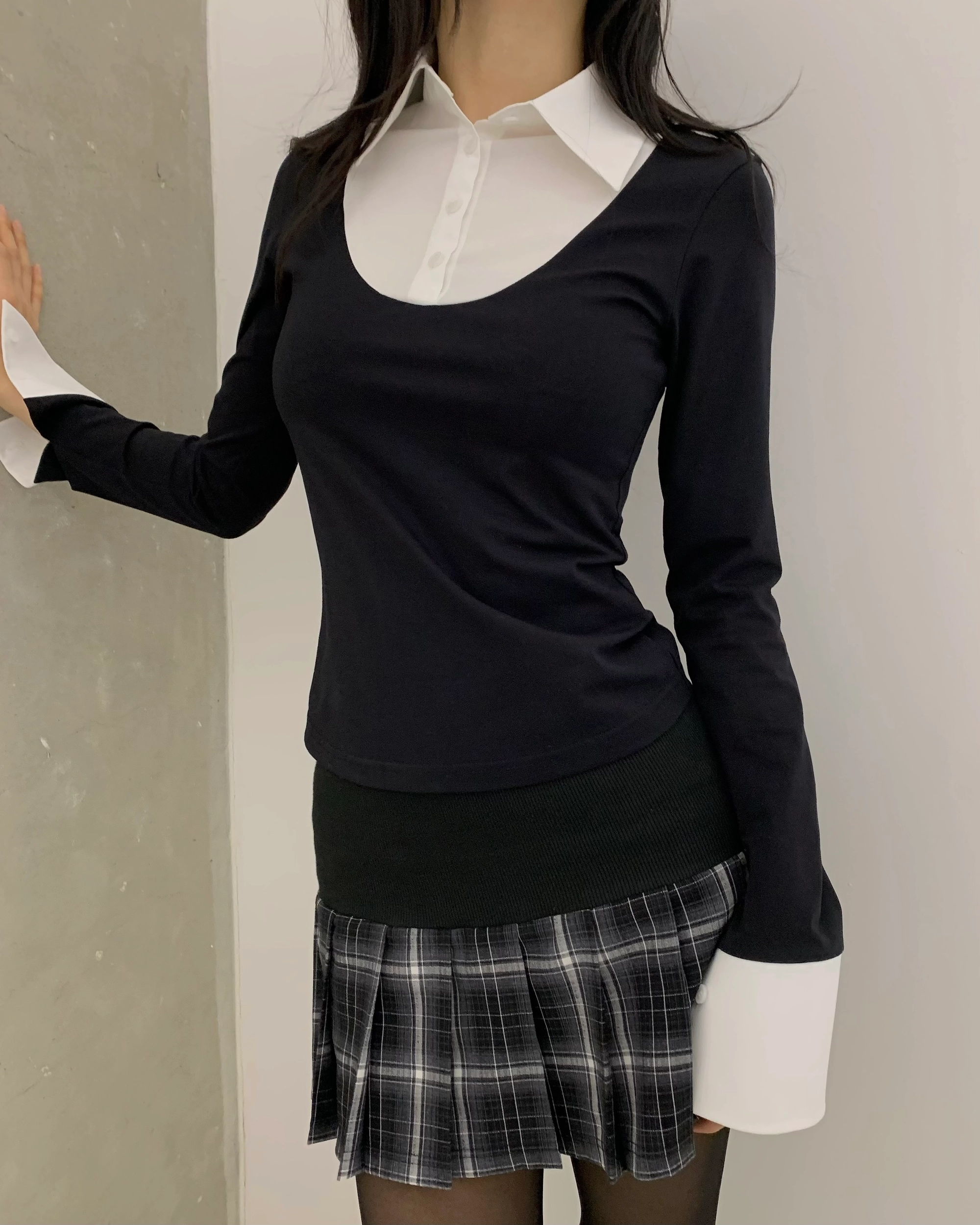 Classic Shirt-Layered Top (Black + White)