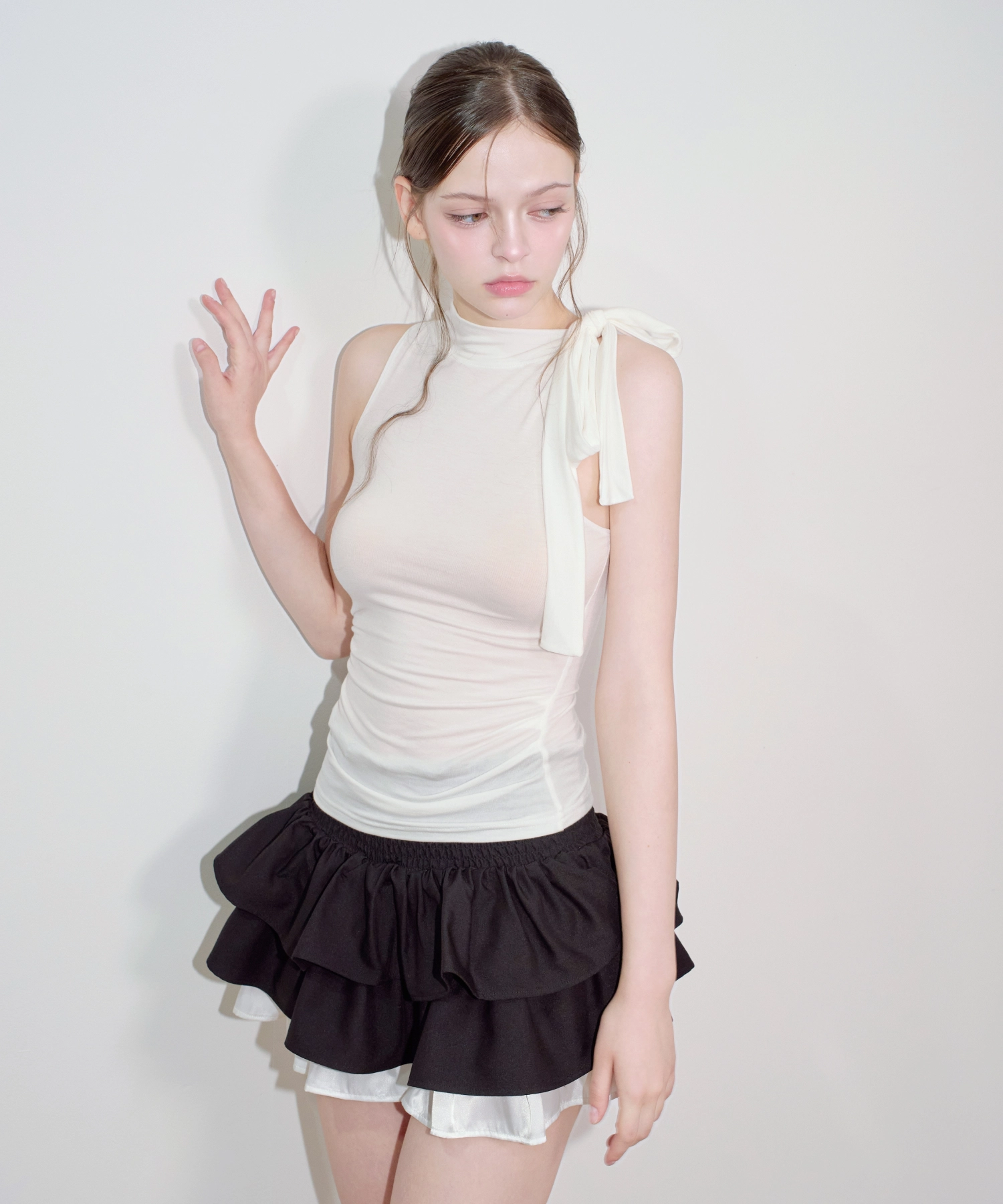 Shirred Scarf Tie Sleeveless Top (White)
