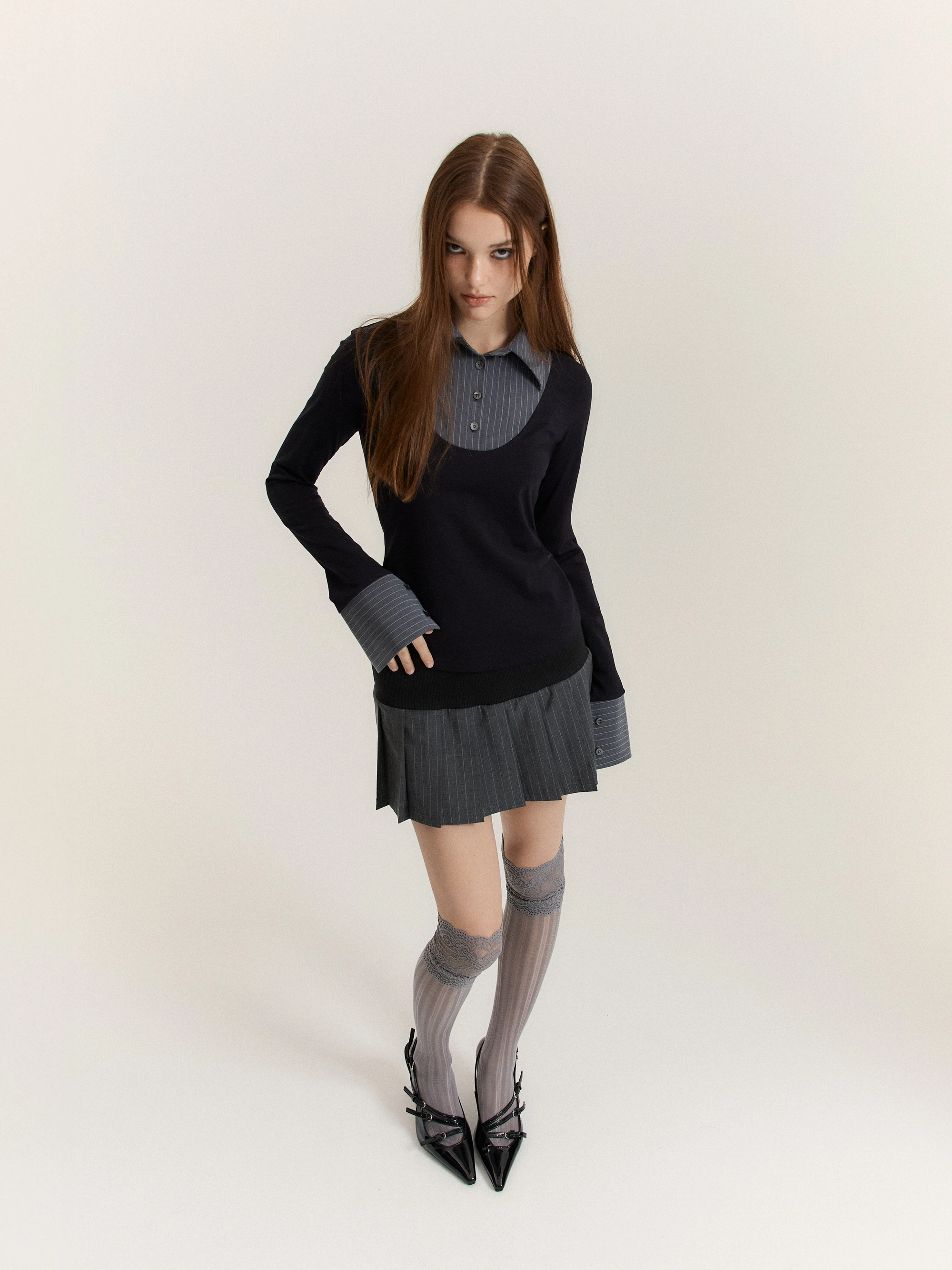 Mono Shirt-Layered Top (Black + Grey Stripe)
