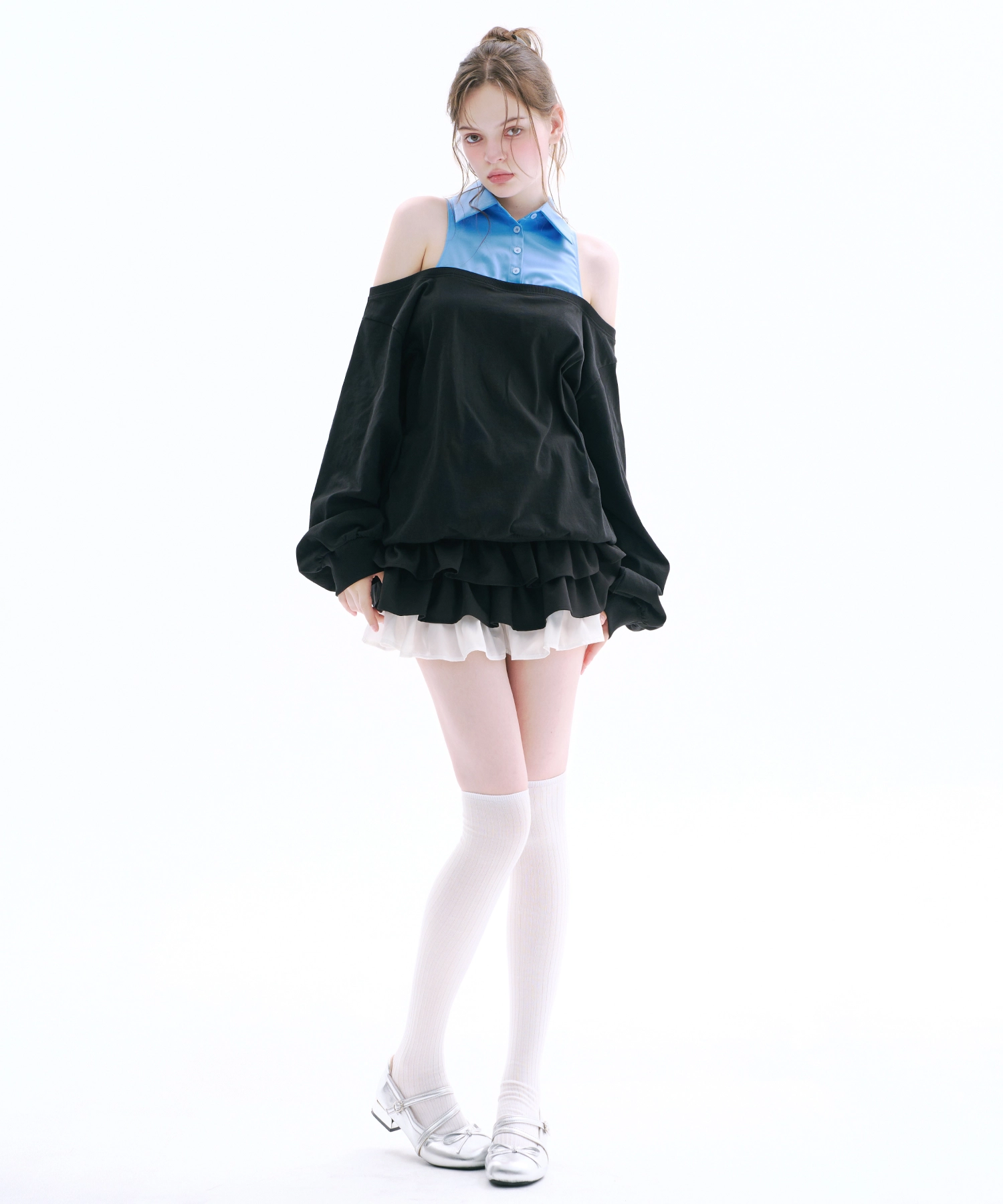 Layered Off Shoulder Sweatshirt (Blue)
