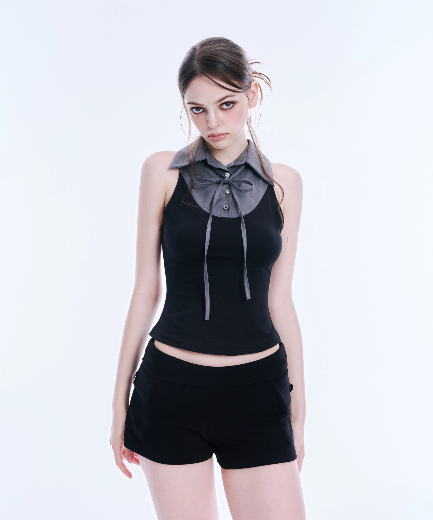 Layered Ribbon Collar Sleeveless Tee (Grey)