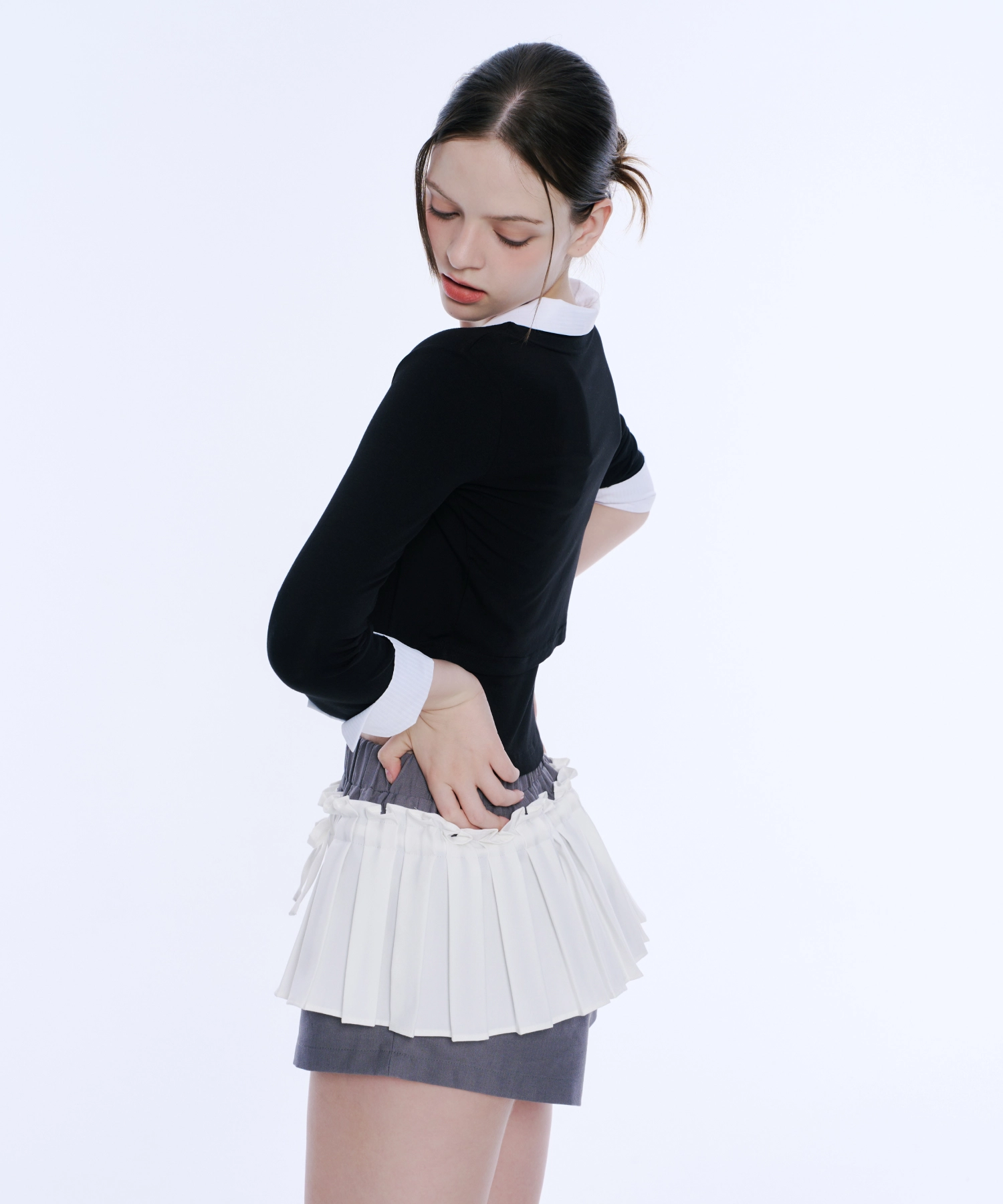 Frill Pleated Skirt Pants (White&Grey)
