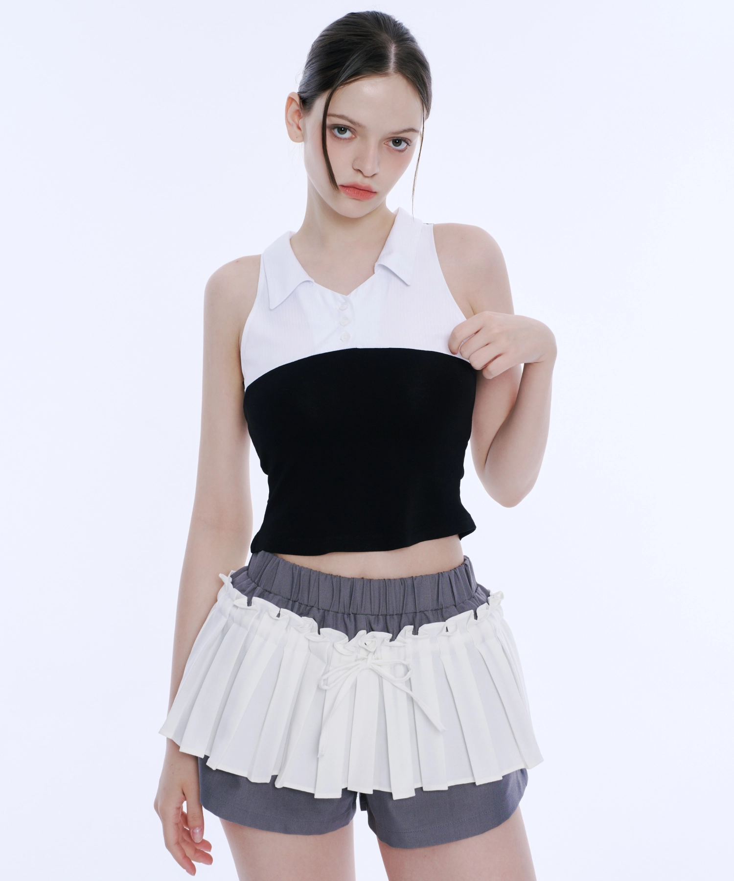 Frill Pleated Skirt Pants (White&Grey)