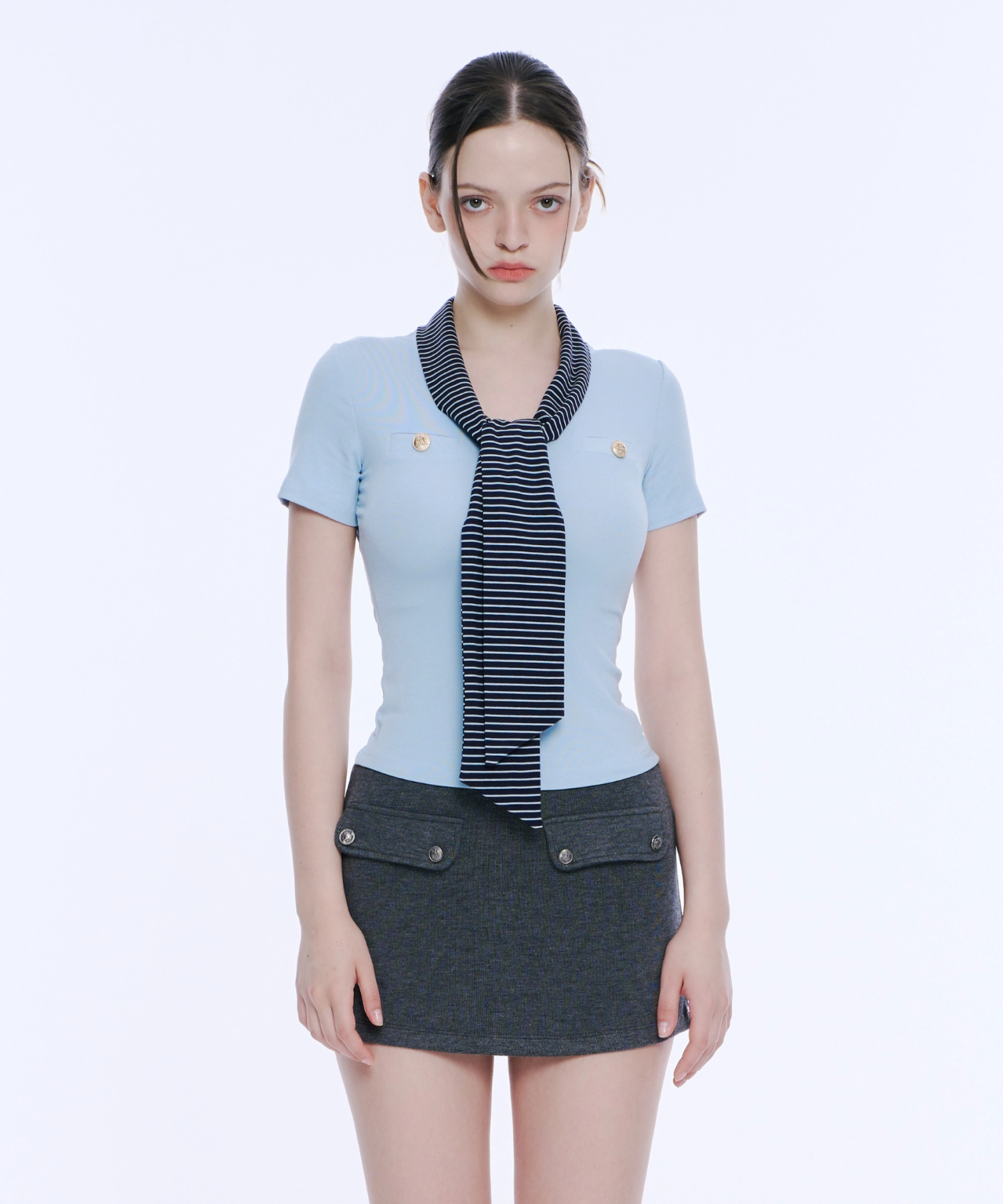 Scarf Detail Button Tee (Sky Blue)