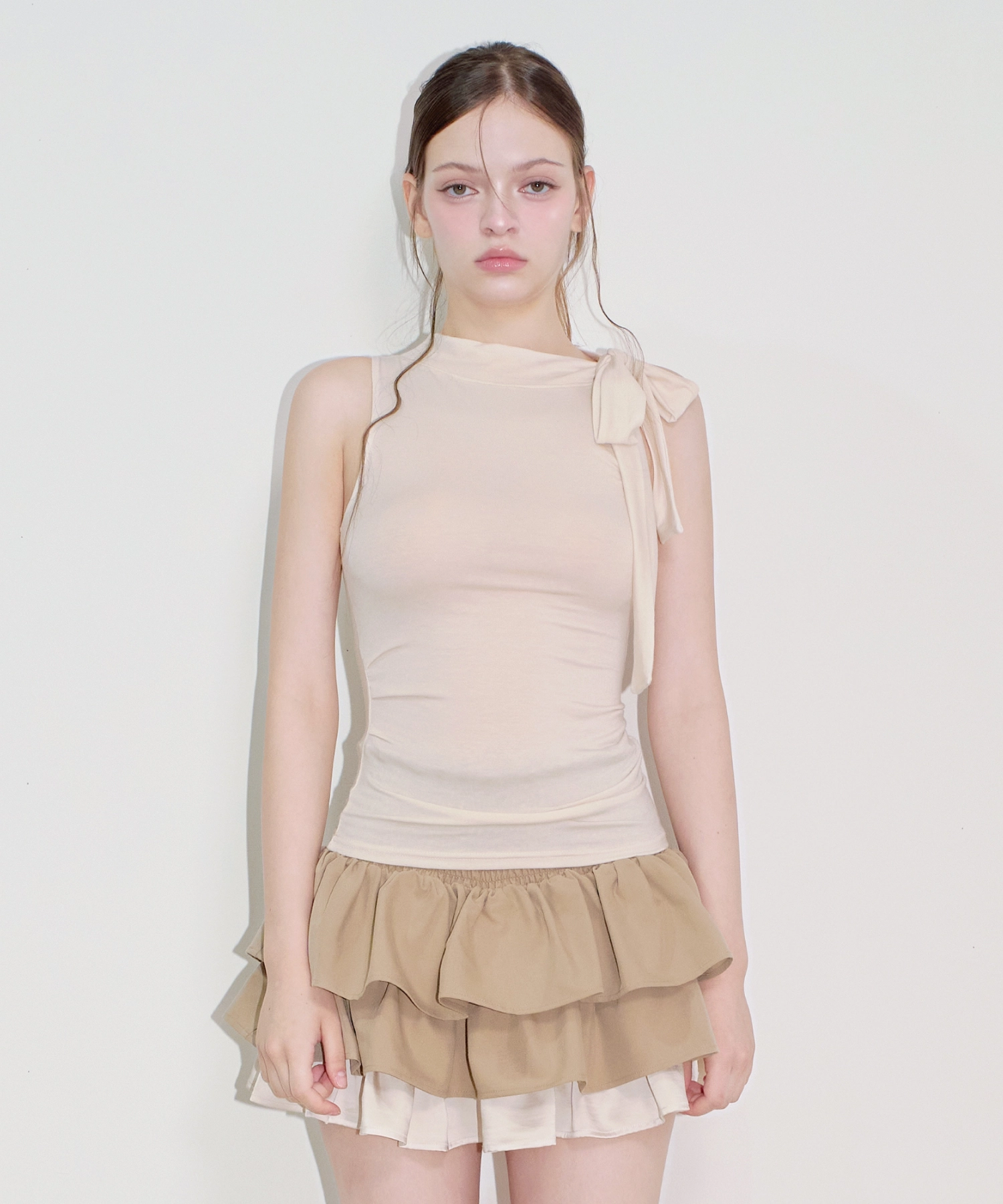 Shirred Scarf Tie Sleeveless Top (Beige)