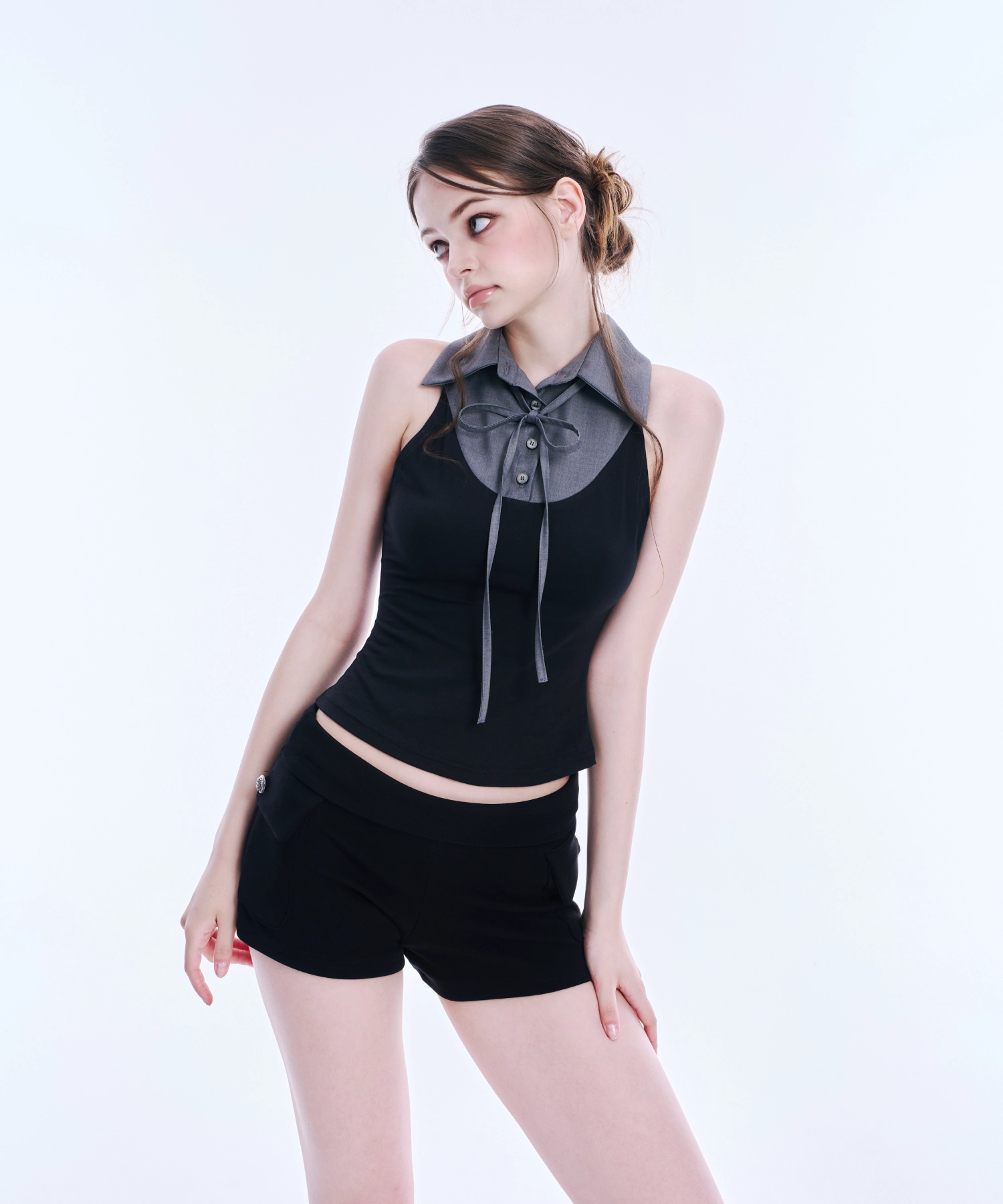 Layered Ribbon Collar Sleeveless Tee (Grey)