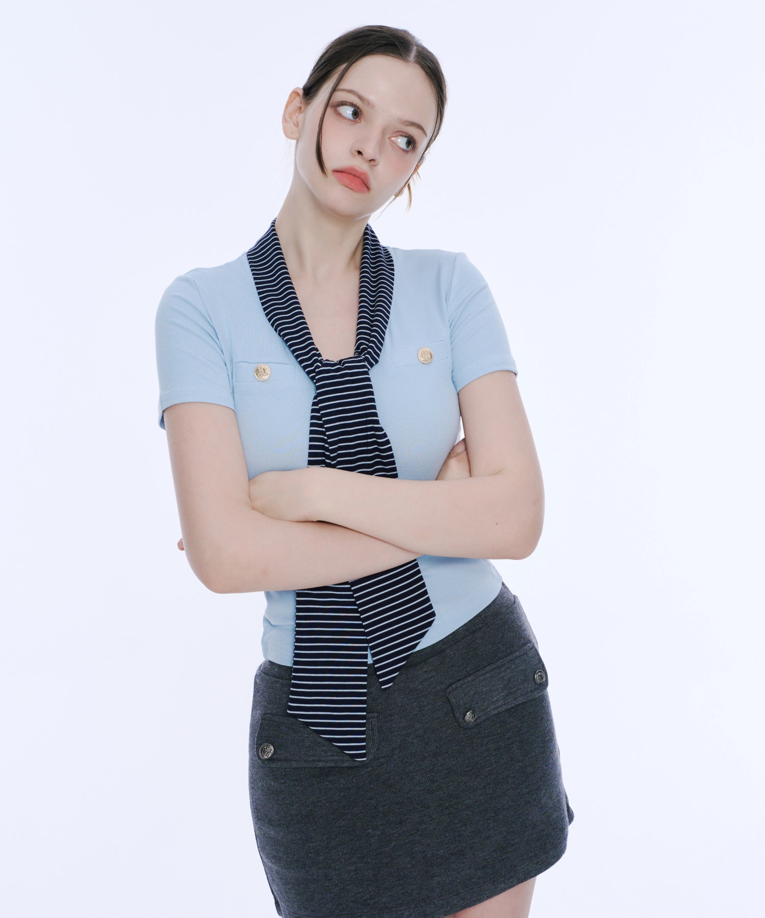 Scarf Detail Button Tee (Sky Blue)