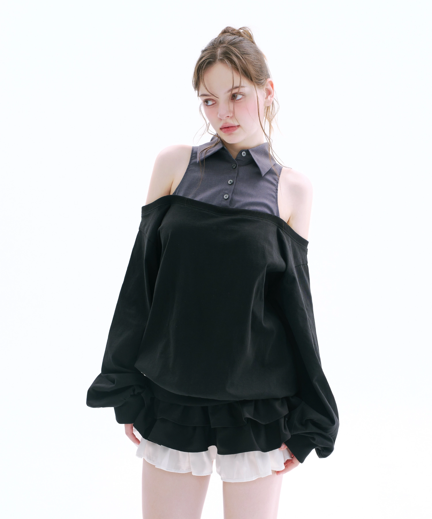 Layered Off Shoulder Sweatshirt (Gray)