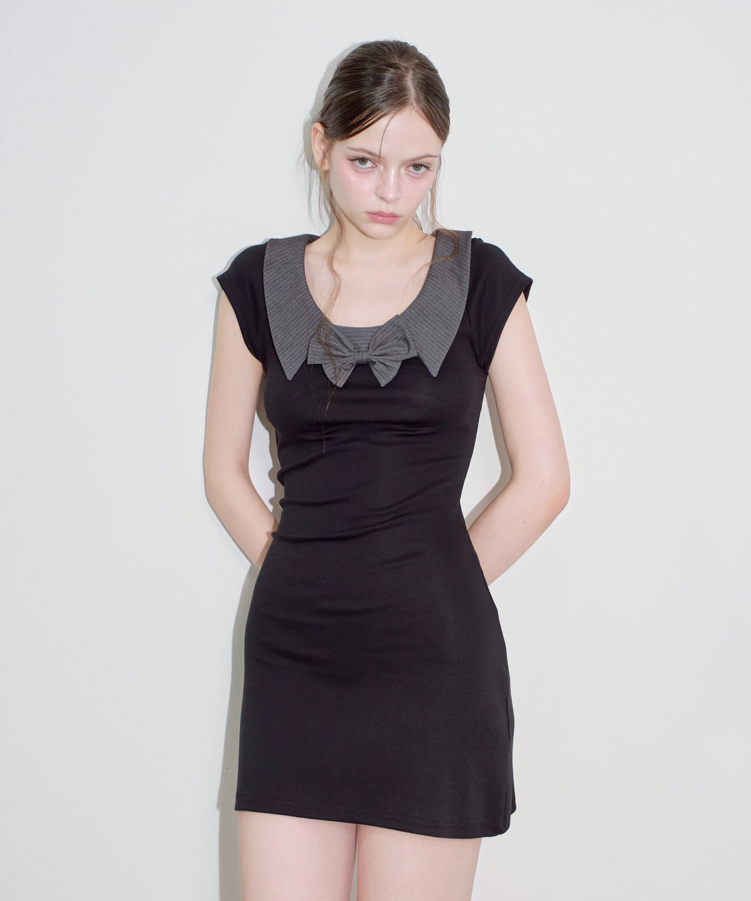 Layered Collar Ribbon Mini Dress (Black)