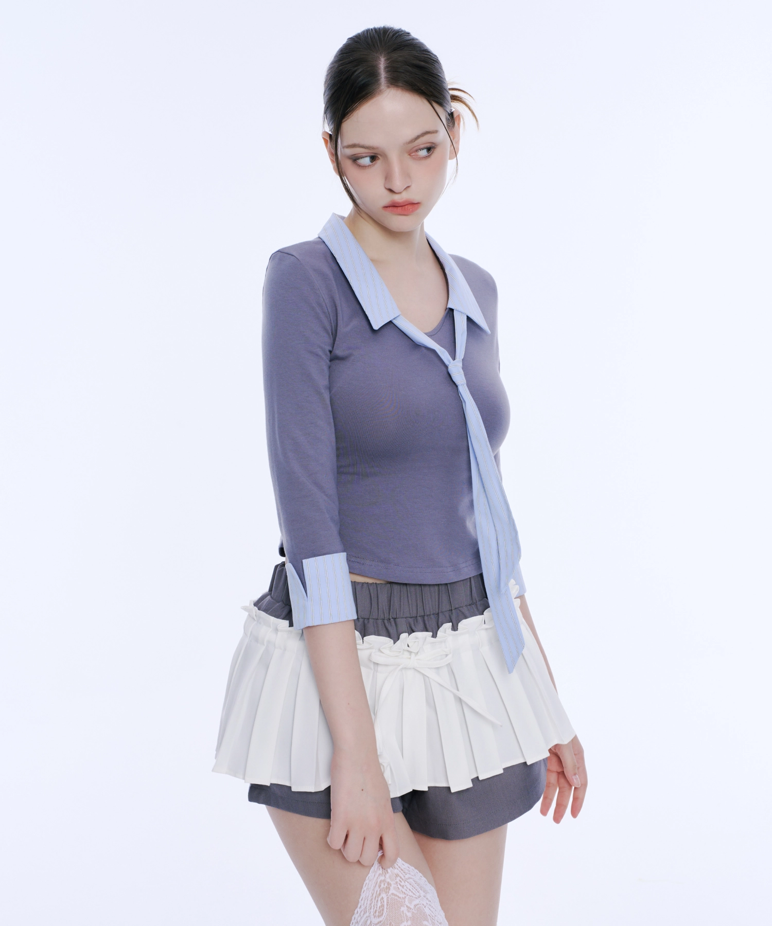 Frill Pleated Skirt Pants (White&Grey)