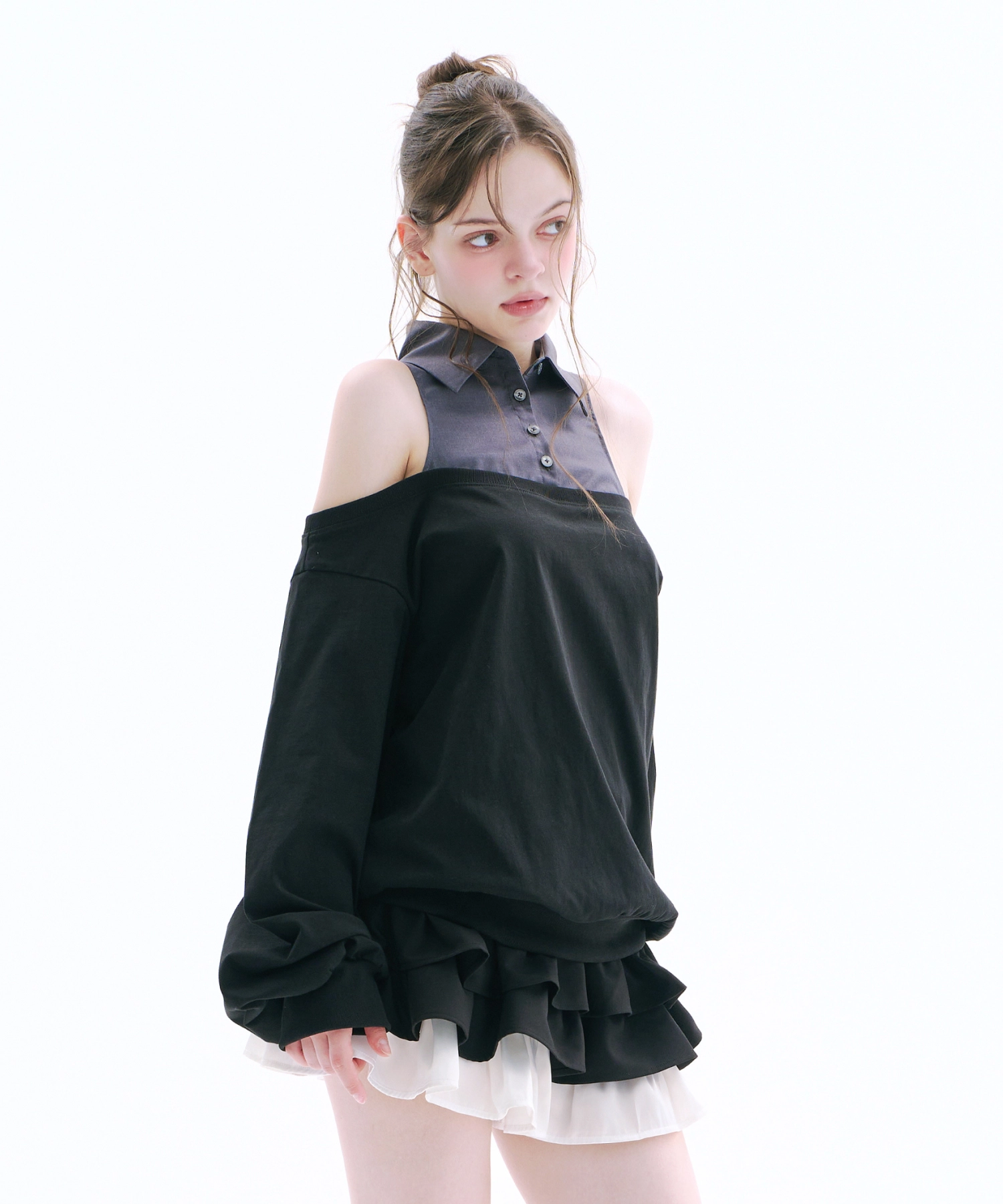 Layered Off Shoulder Sweatshirt (Gray)