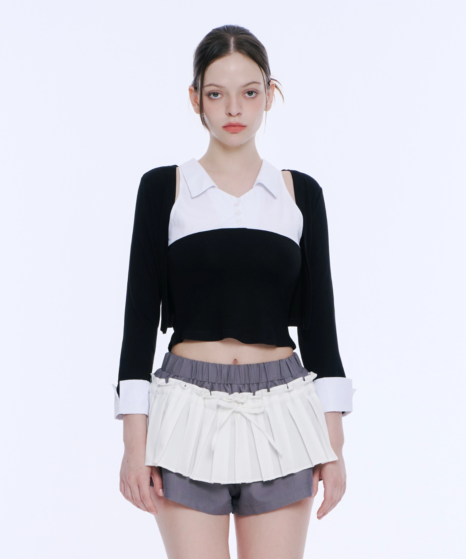 Layered Sleeveless Top & Bolero Set (Black&White)