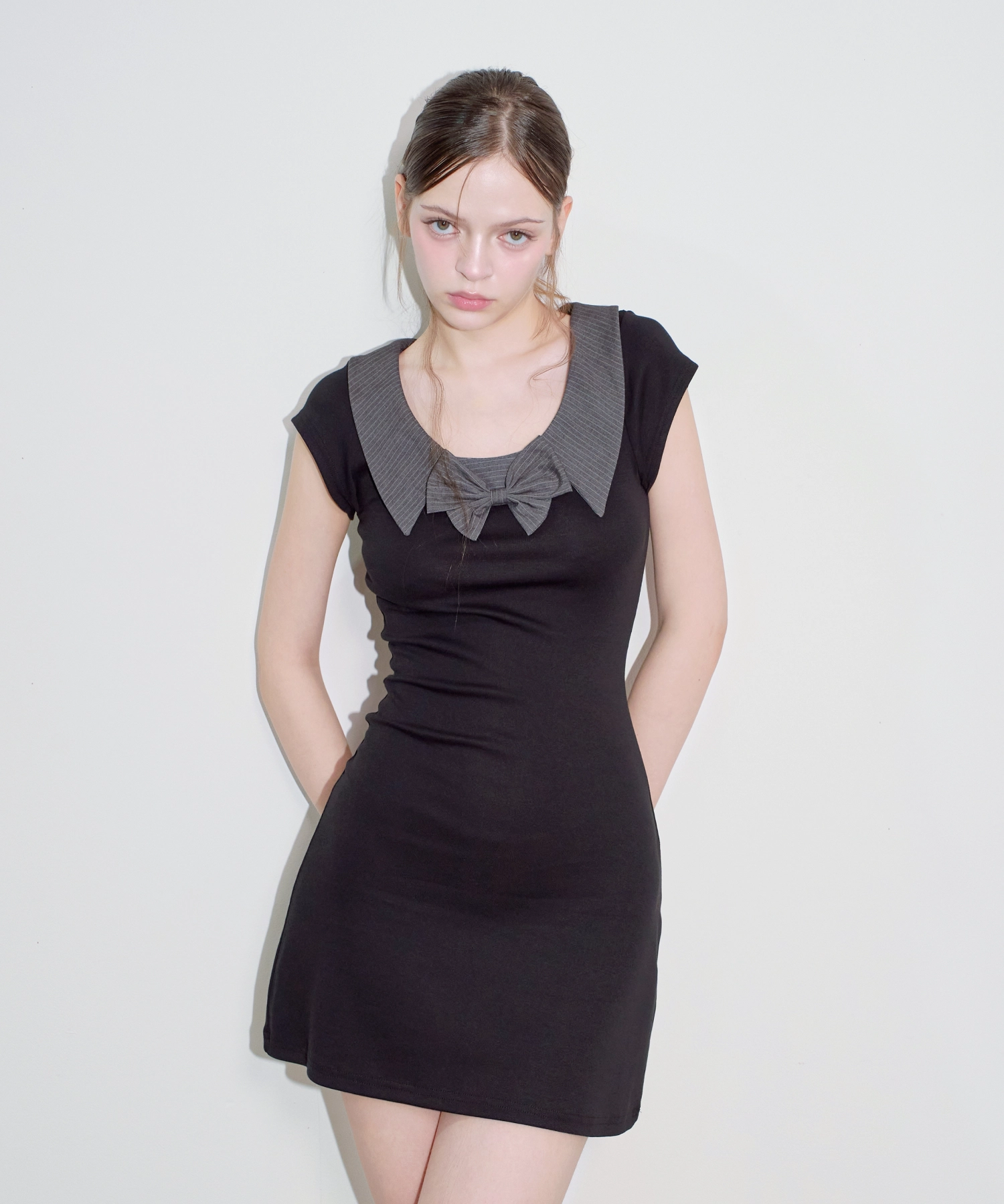 Layered Collar Ribbon Mini Dress (Black)