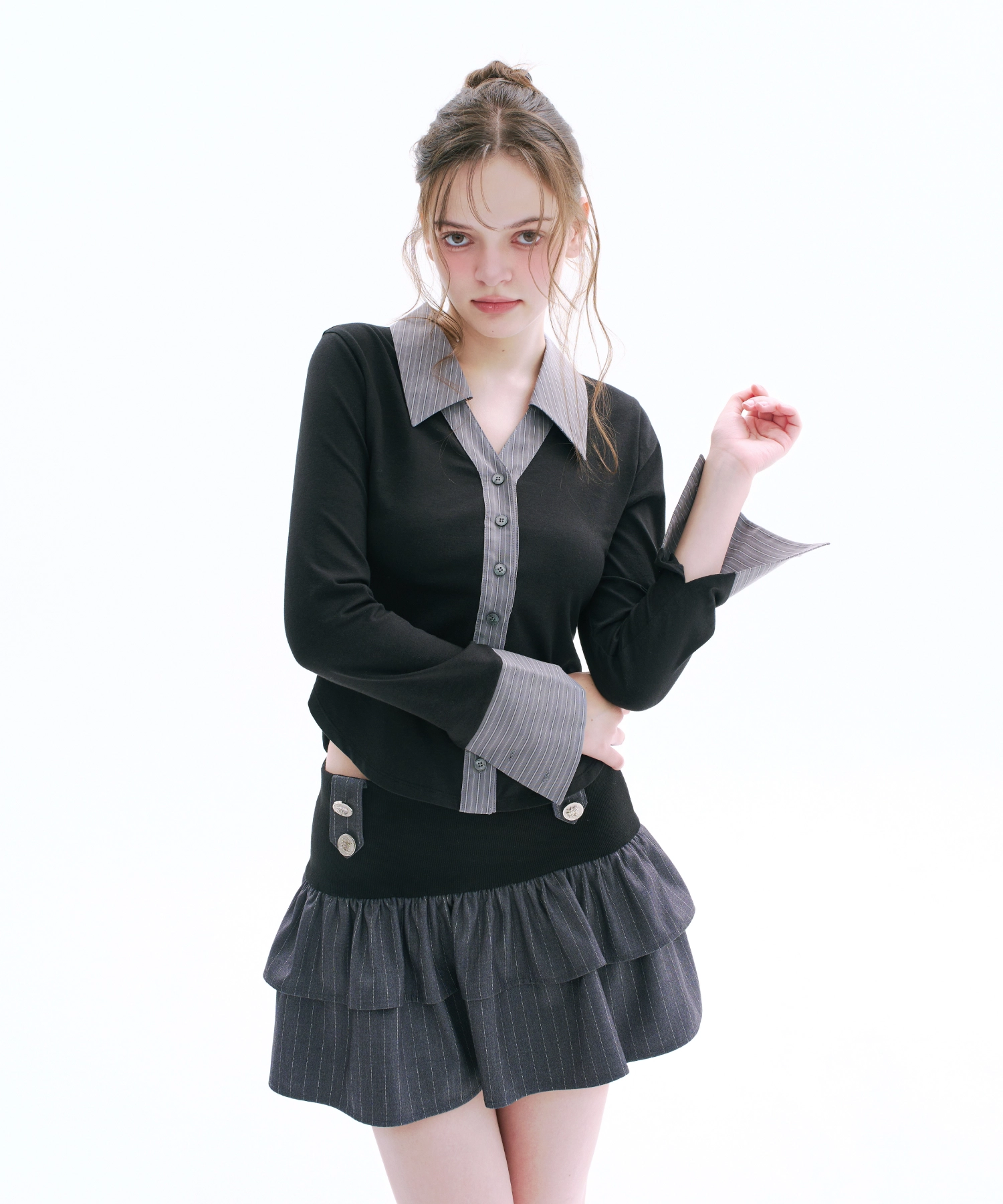 ARCMETHOD（アークメソッド）の「Shirt Layered Cardigan (Gray)（Tops）」