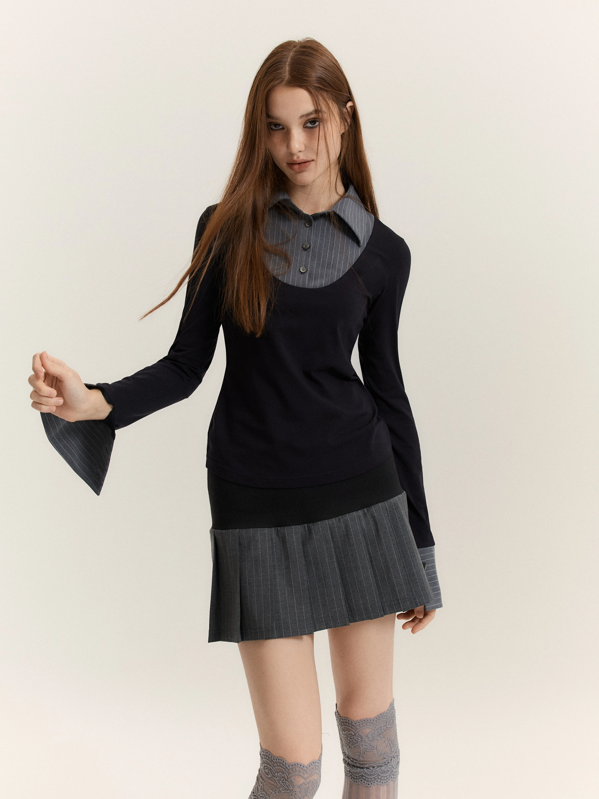 Mono Shirt-Layered Top (Black + Grey Stripe)