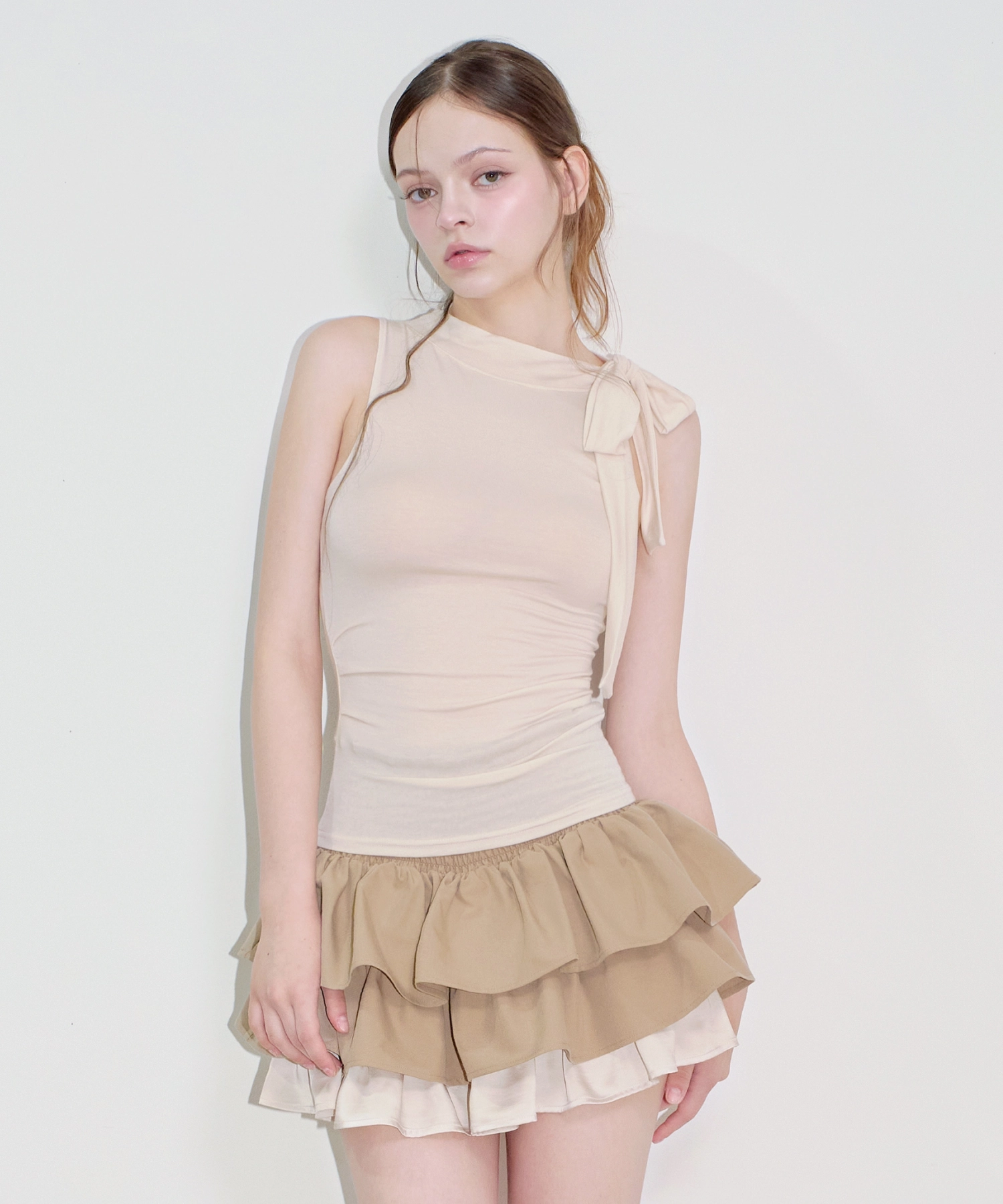Layered Ruffle Smocked Waist Mini Skirt (brown)