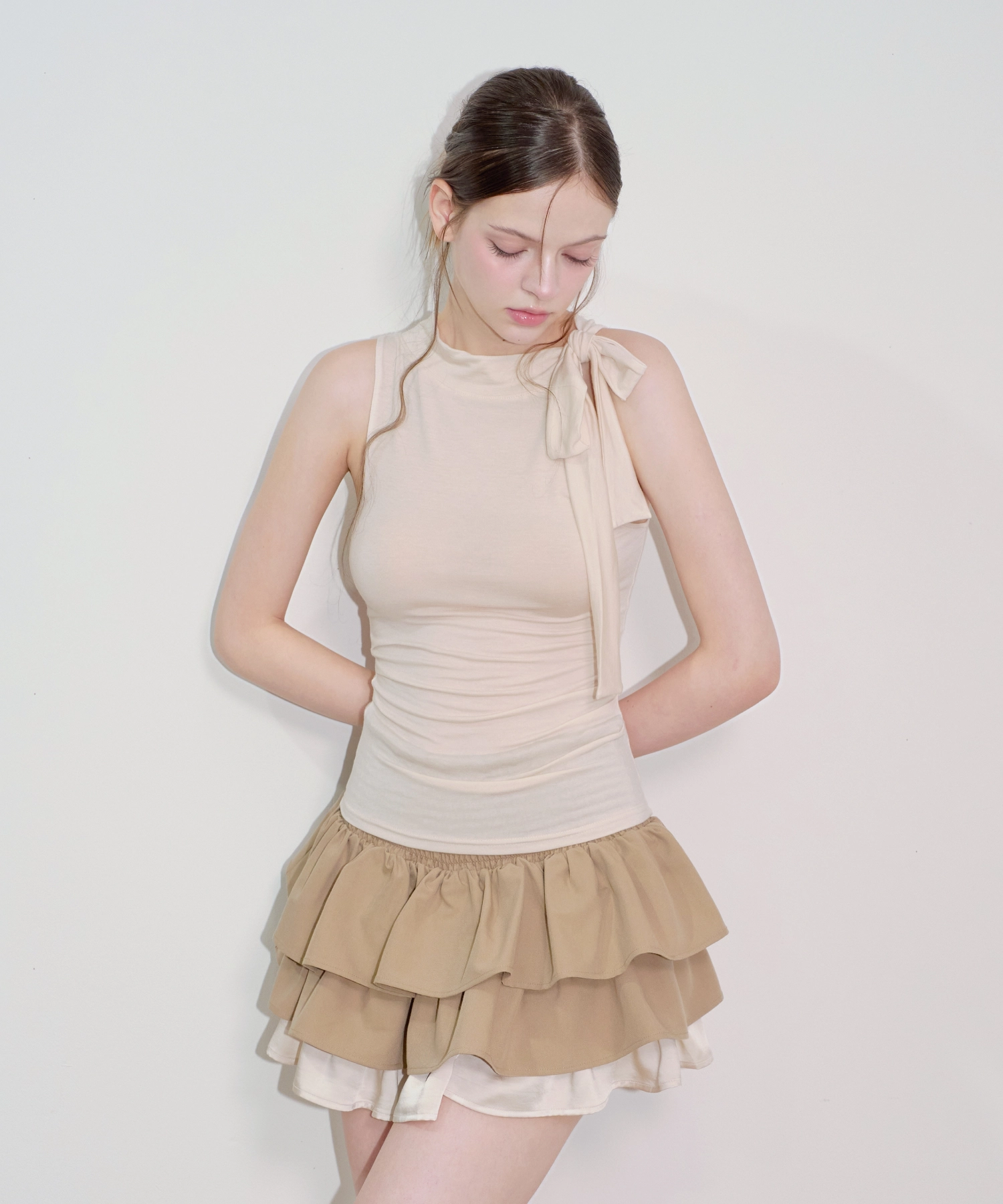 Shirred Scarf Tie Sleeveless Top (Beige)