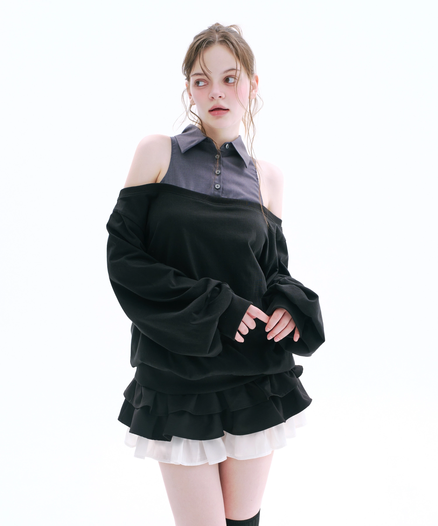 Layered Off Shoulder Sweatshirt (Gray)