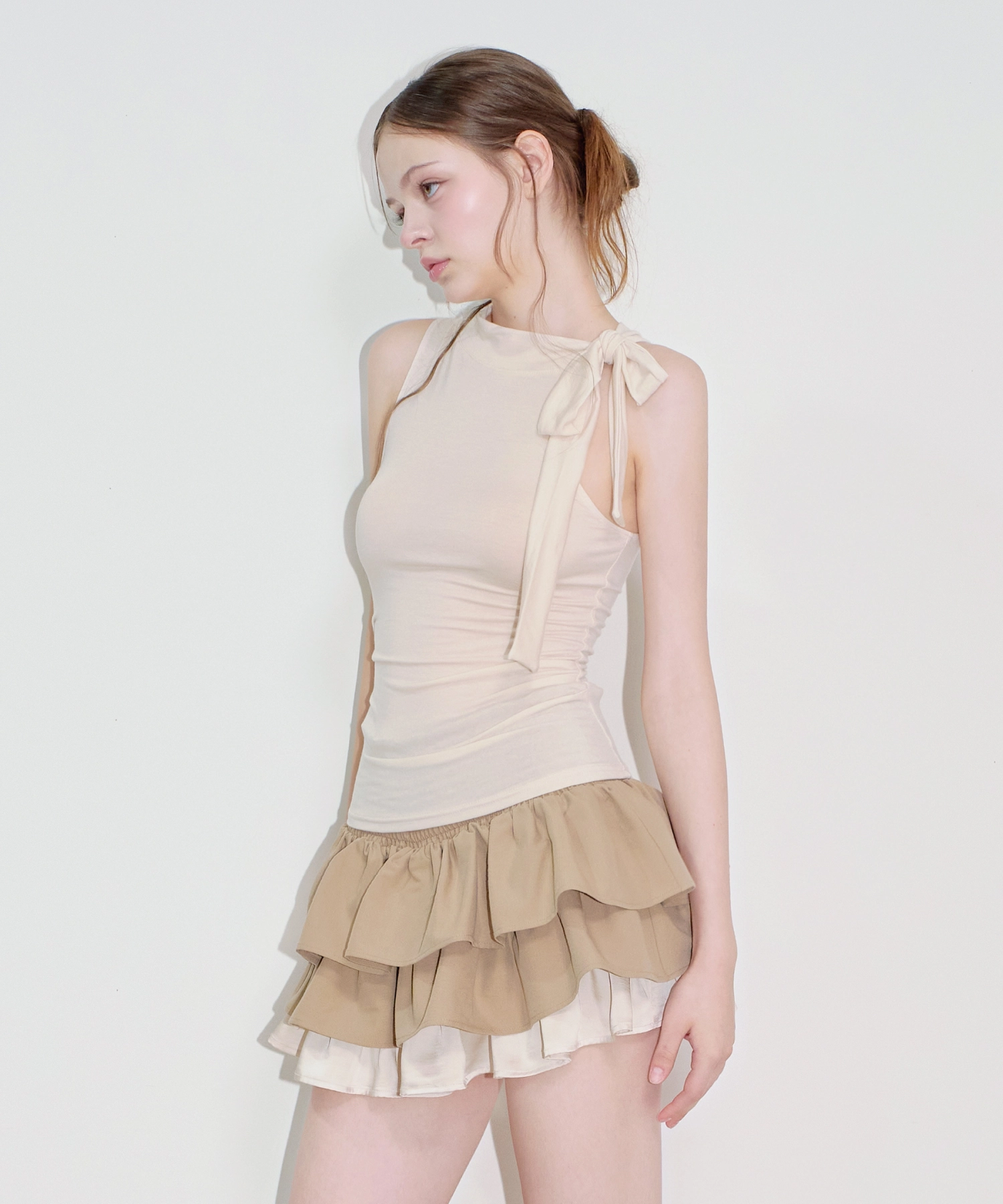 Shirred Scarf Tie Sleeveless Top (Beige)