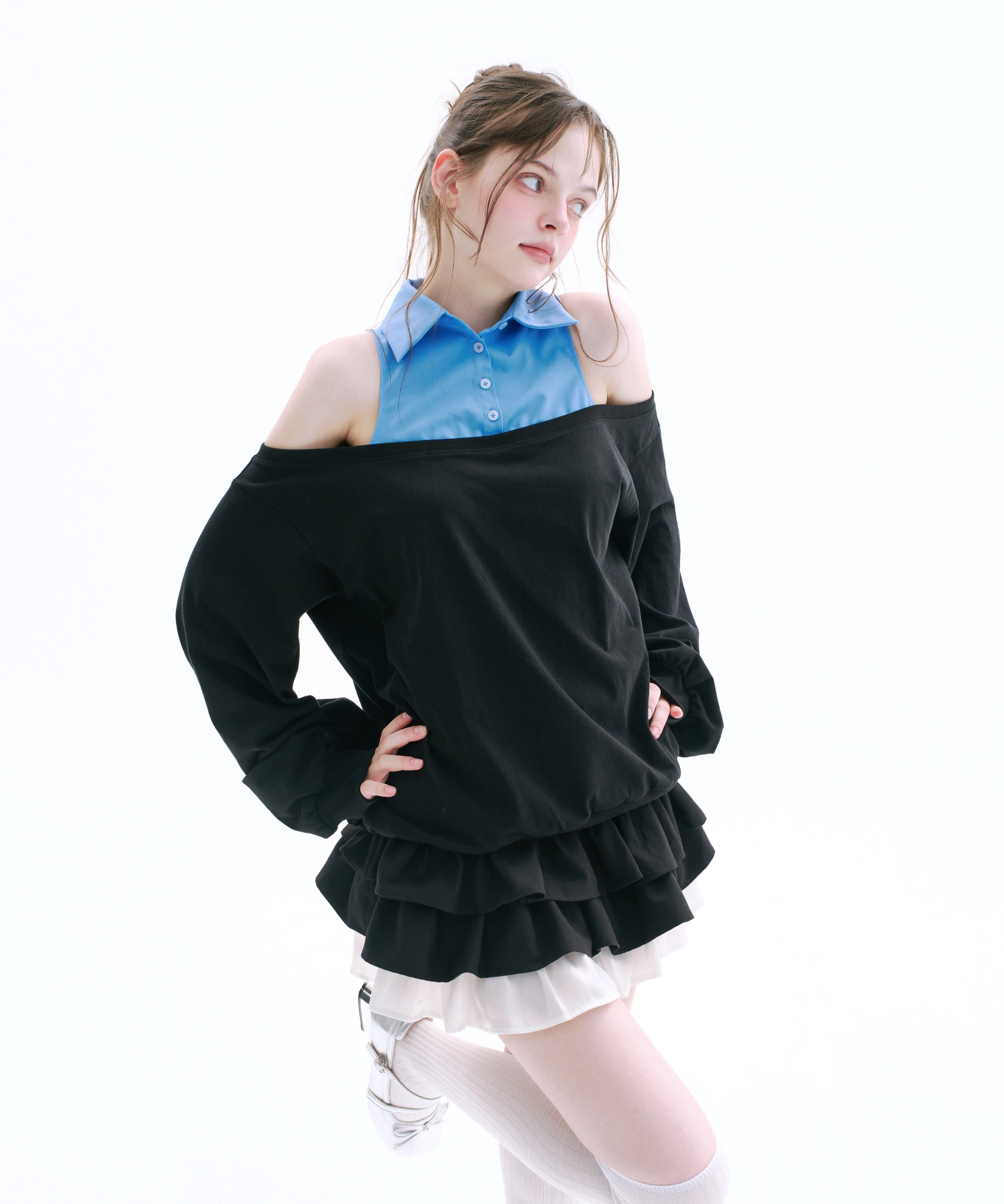 Layered Off Shoulder Sweatshirt (Blue)