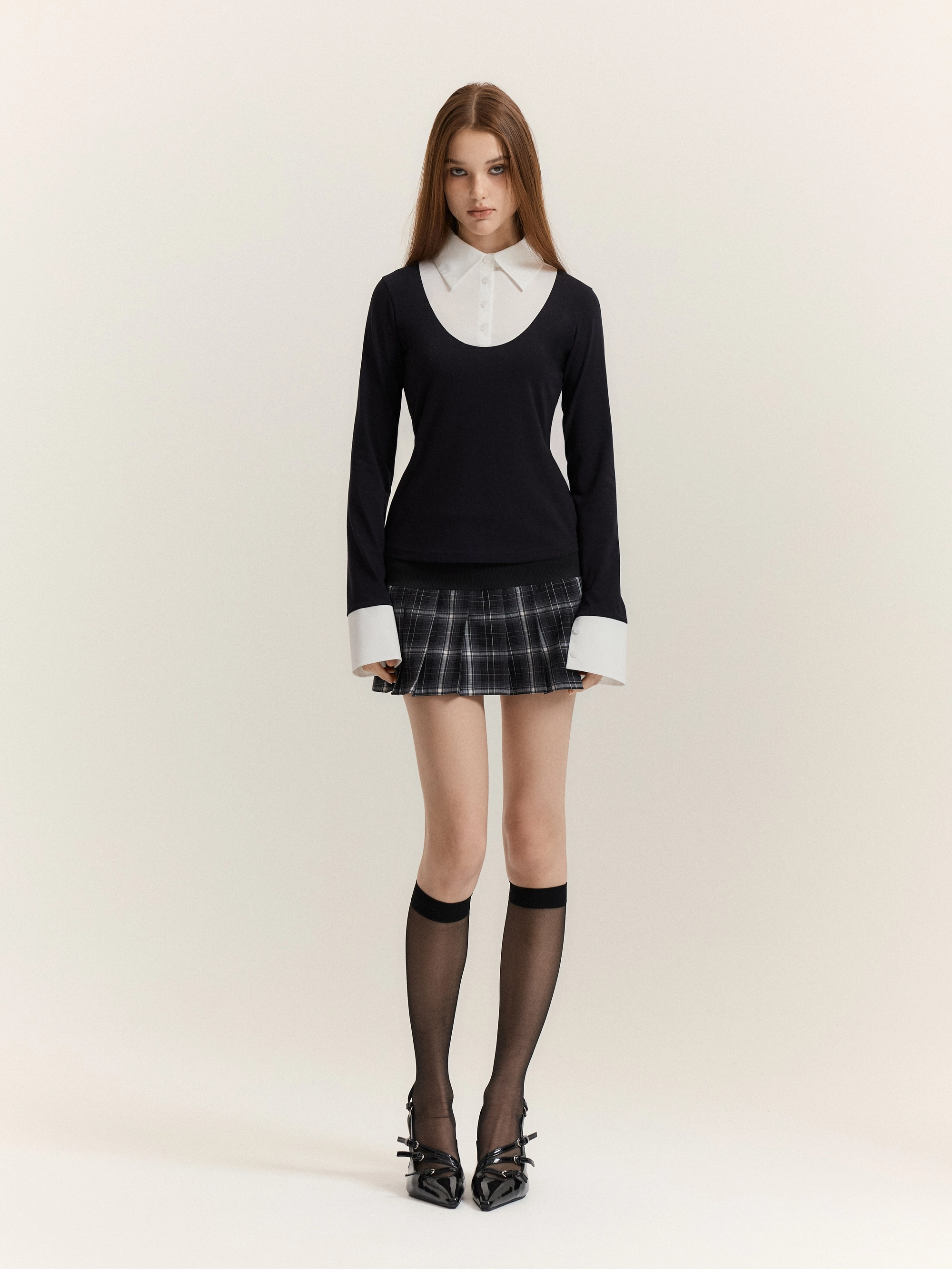 Classic Shirt-Layered Top (Black + White)