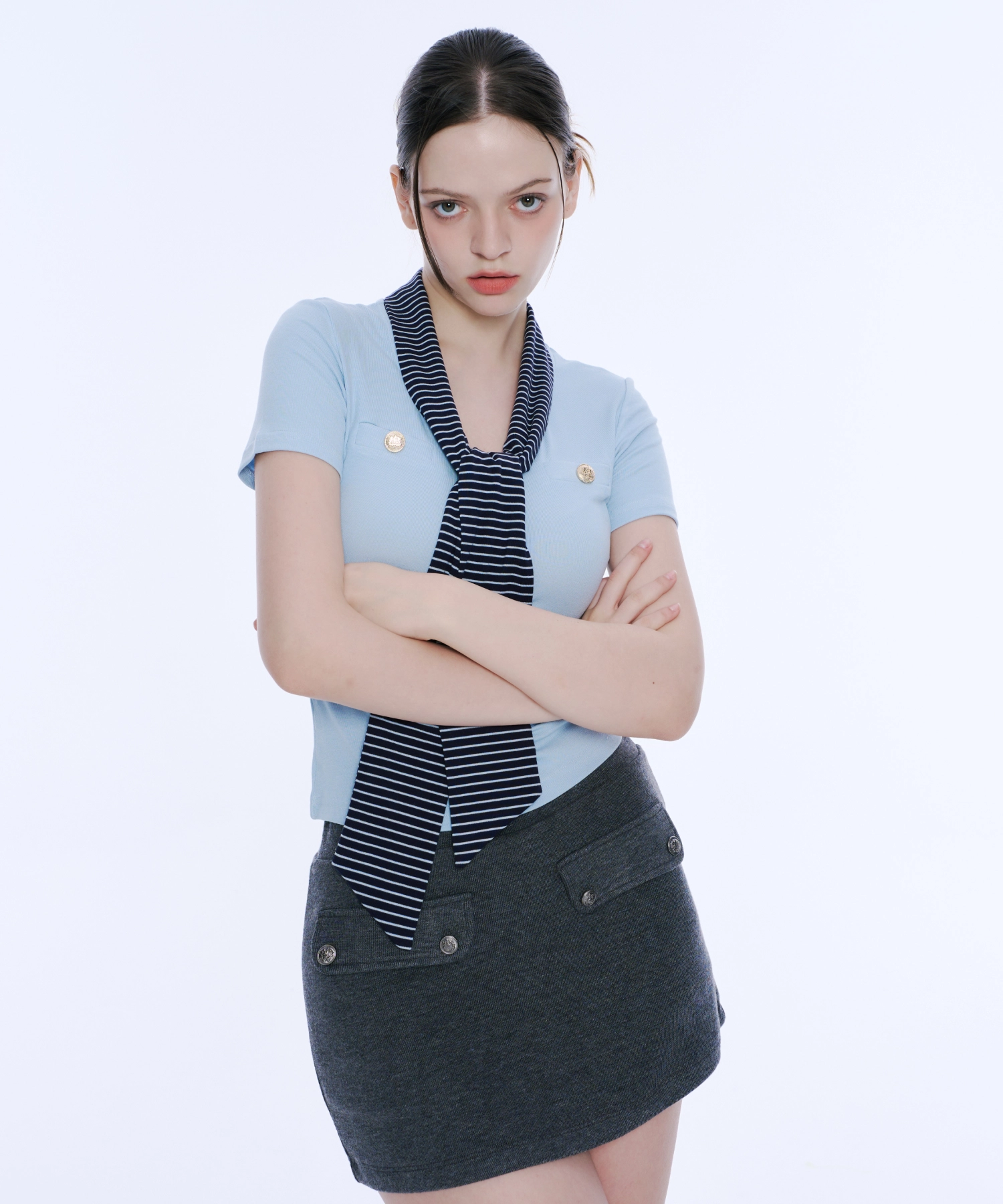 Scarf Detail Button Tee (Sky Blue)
