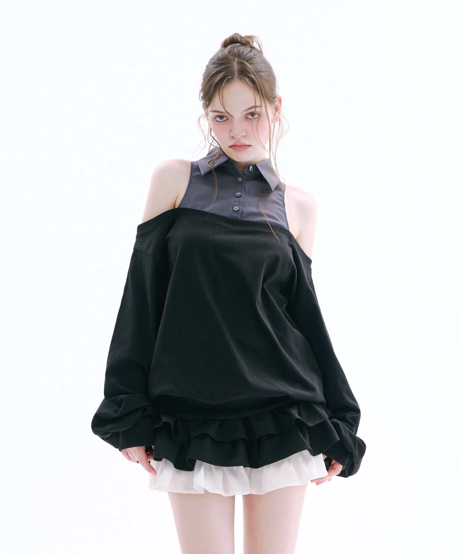 ARCMETHOD（アークメソッド）の「レイヤードオフショルダースウェットシャツ (Gray)（トップス）」