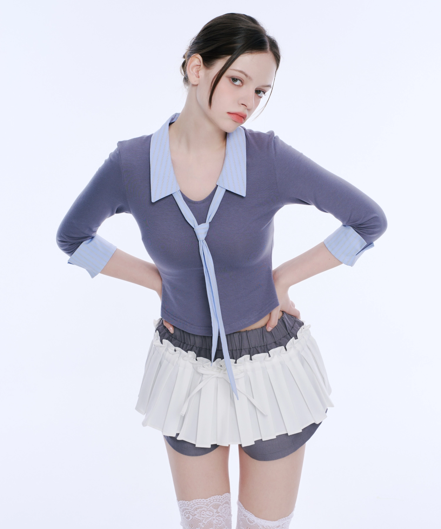 Frill Pleated Skirt Pants (White&Grey)