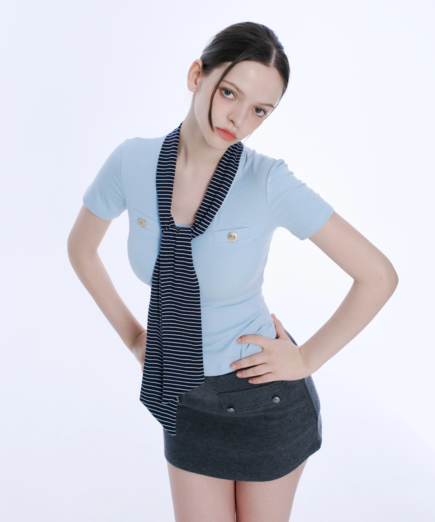 Scarf Detail Button Tee (Sky Blue)