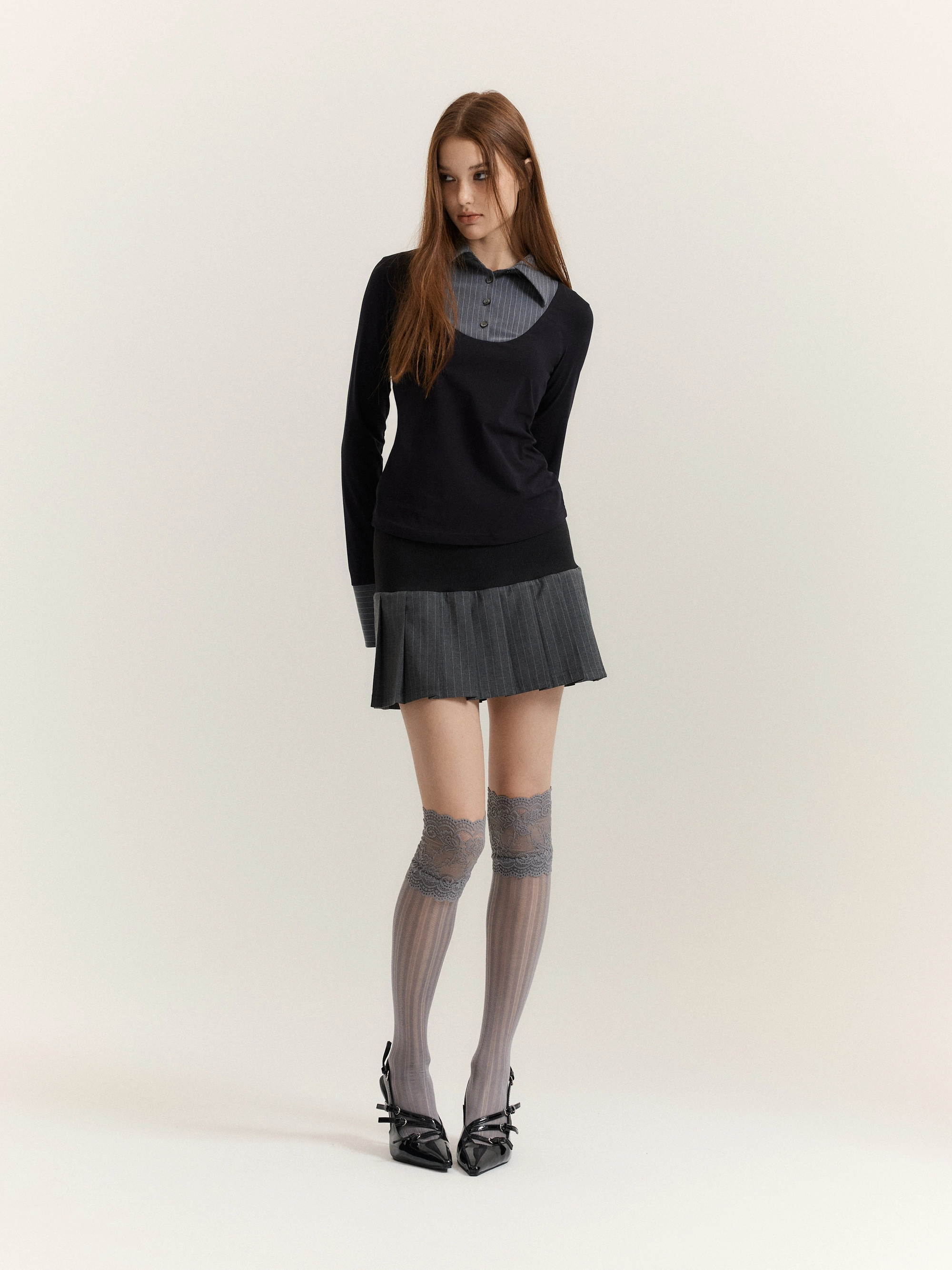 Mono Shirt-Layered Top (Black + Grey Stripe)