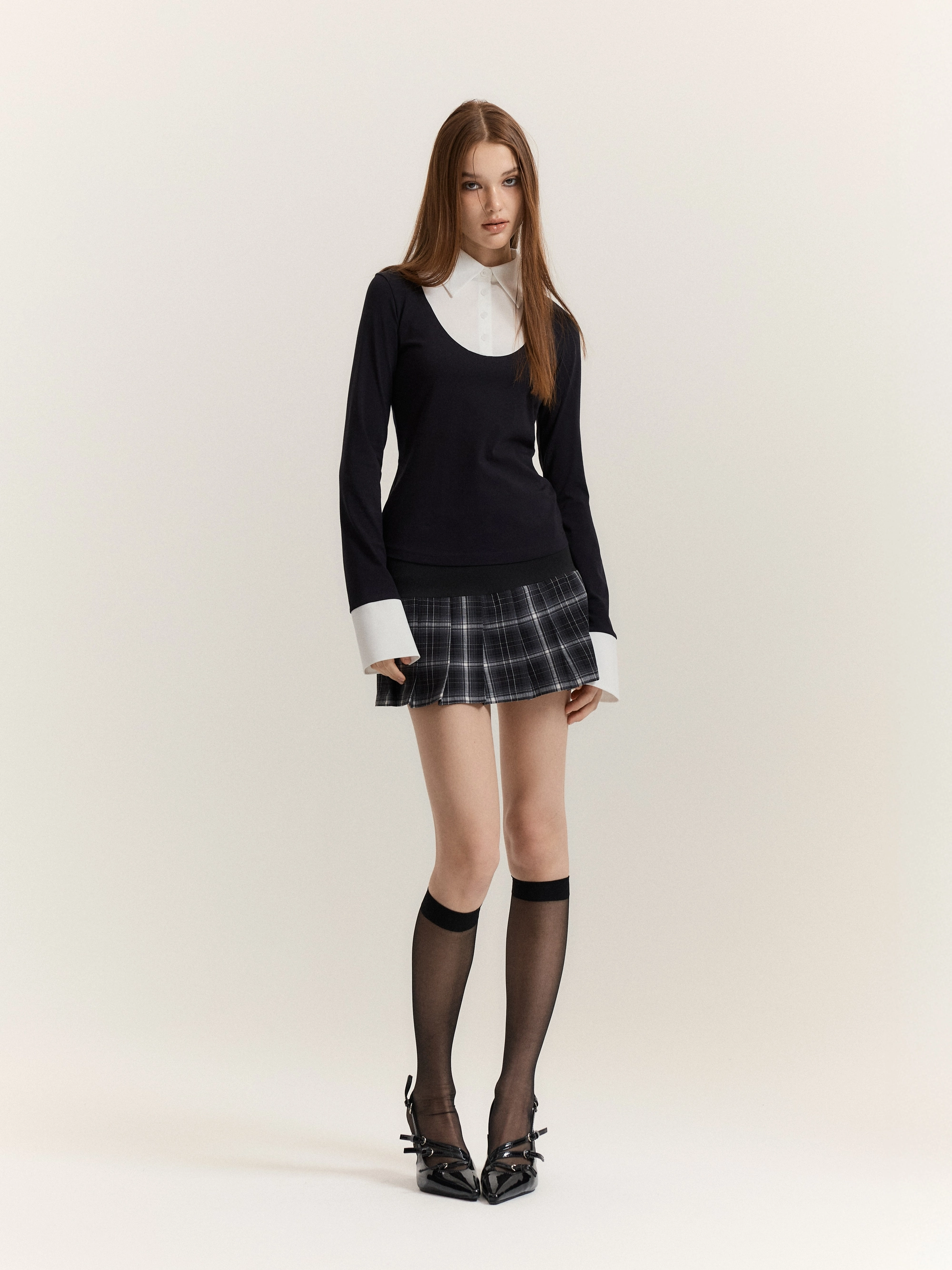 Classic Shirt-Layered Top (Black + White)