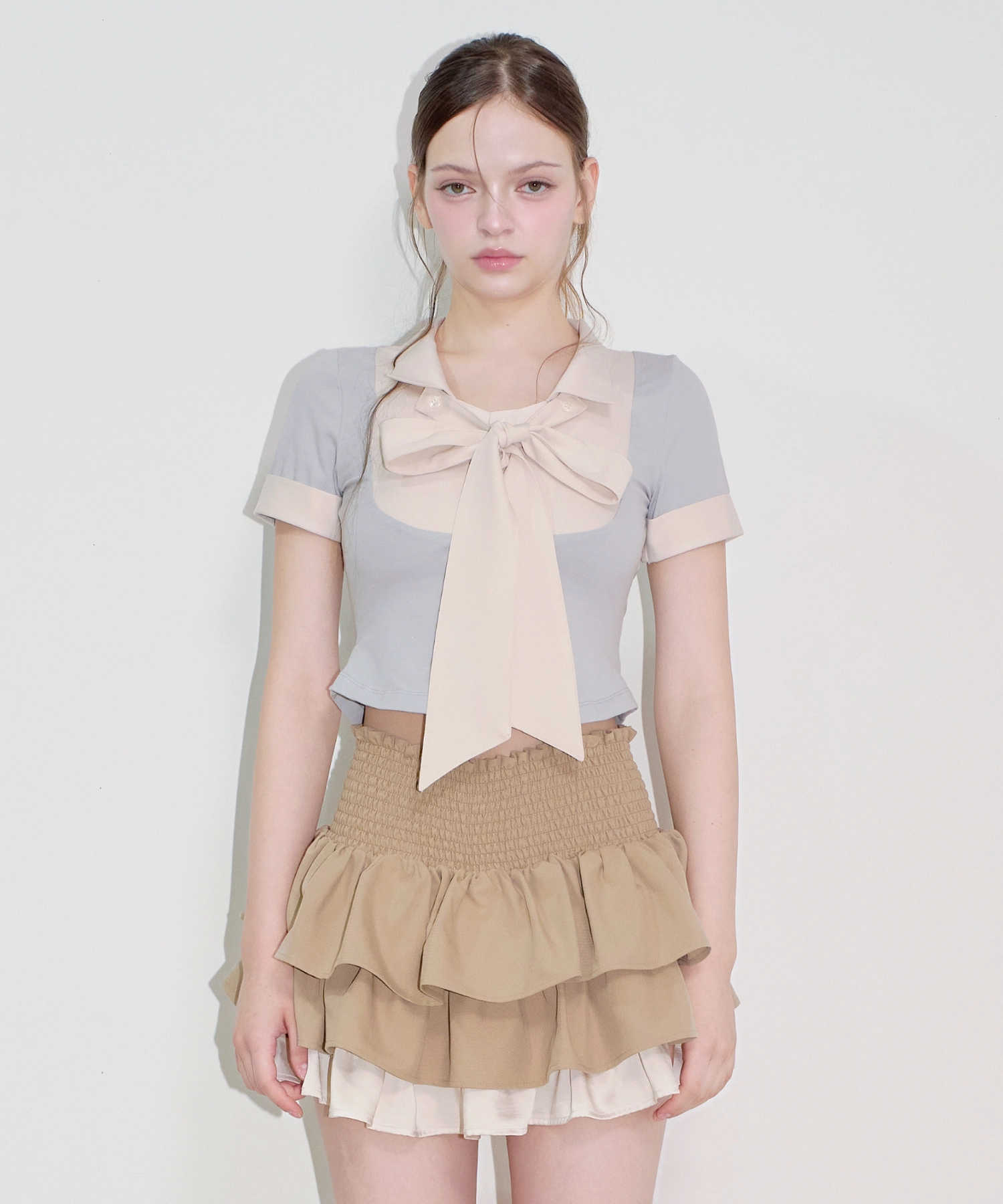 Layered Ruffle Smocked Waist Mini Skirt (brown)