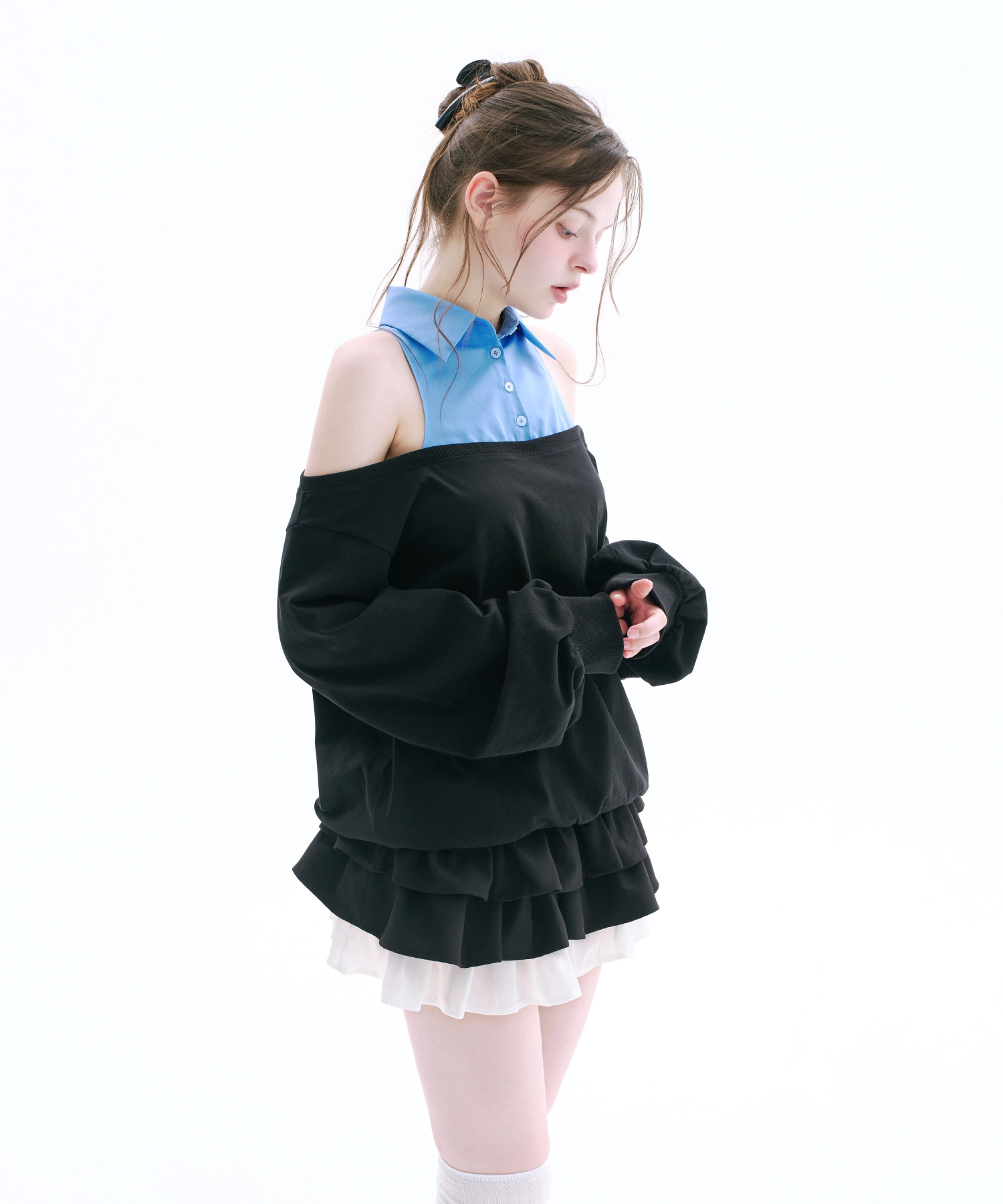 Layered Off Shoulder Sweatshirt (Blue)