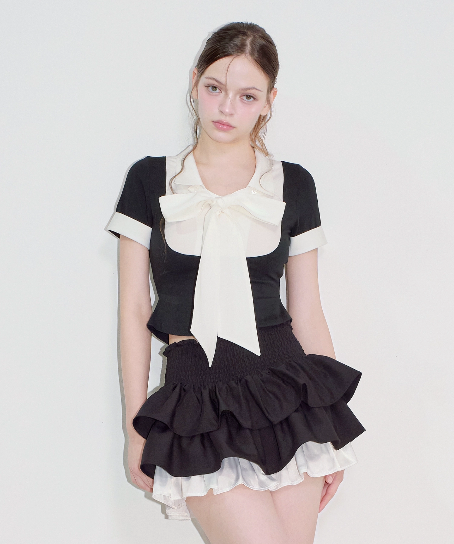 Layered Ruffle Smocked Waist Mini Skirt (black)
