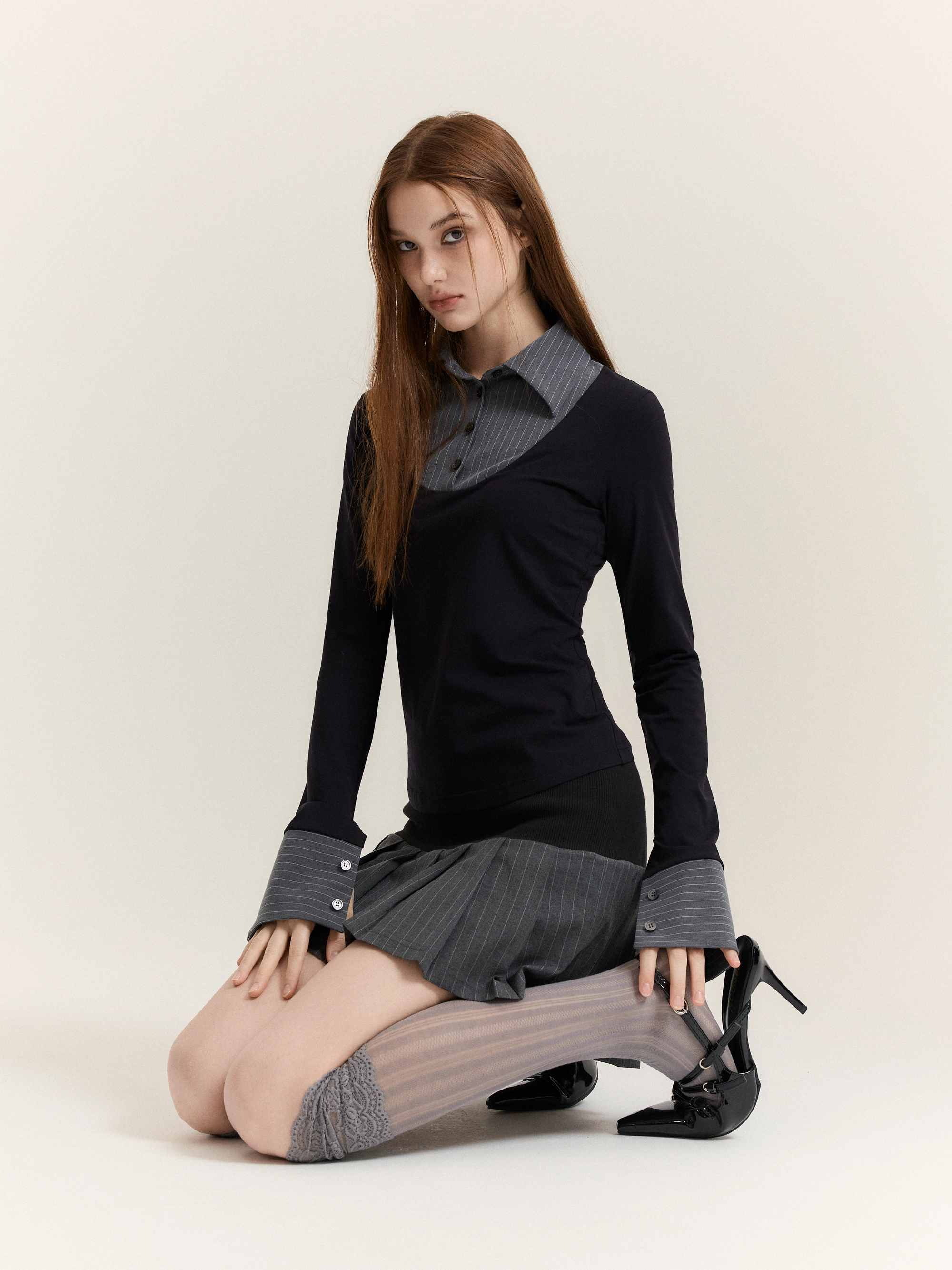 Mono Shirt-Layered Top (Black + Grey Stripe)