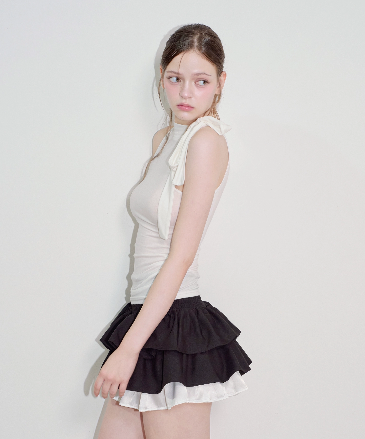 Shirred Scarf Tie Sleeveless Top (White)