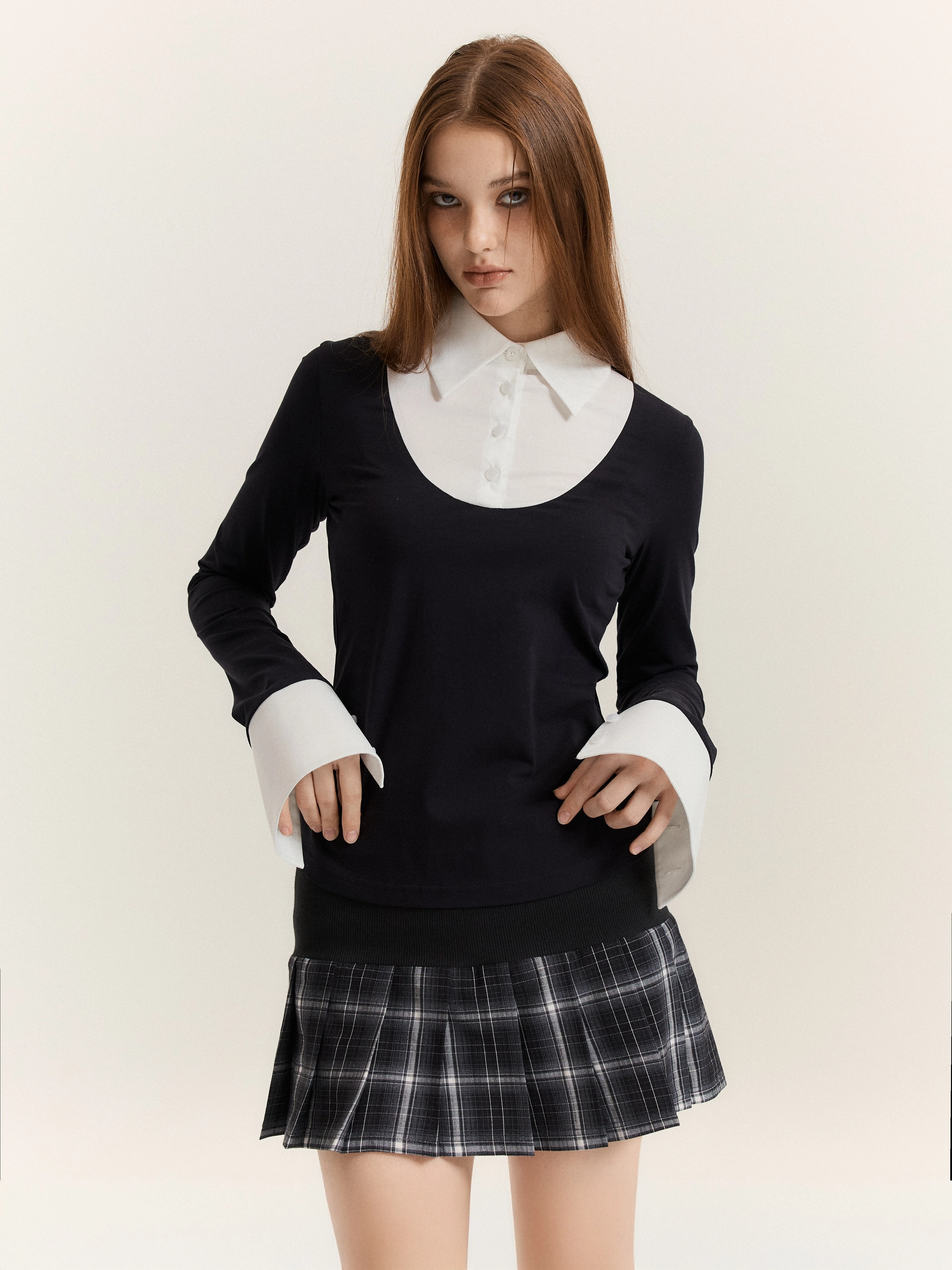 Classic Shirt-Layered Top (Black + White)