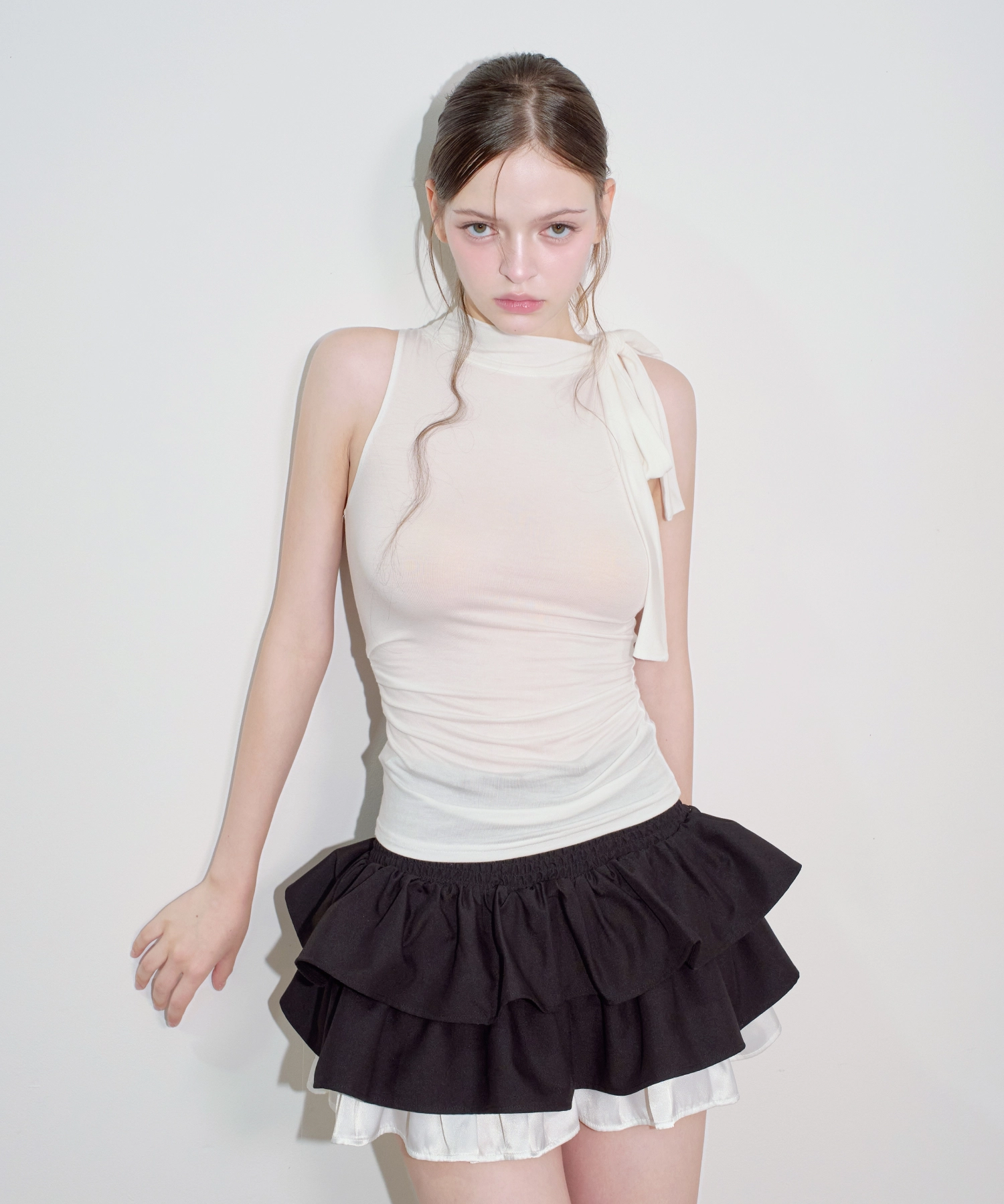 Shirred Scarf Tie Sleeveless Top (White)